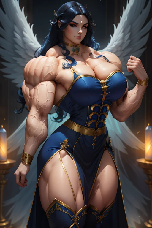 (Close-up), tall, (royal blue hair) beautiful muscular woman, long curly wavy hair, pale white skinned, closed smile, (black lipstick), ((massive muscles)), (hyper muscle), ((ginormous bulky muscles)), (glowing white eyes), (sparkling royal blue cheongsam dress, long skirt), (giant angel wings), gauntlets, choker, thigh high boots, (carrying tornadoes in the Sky)