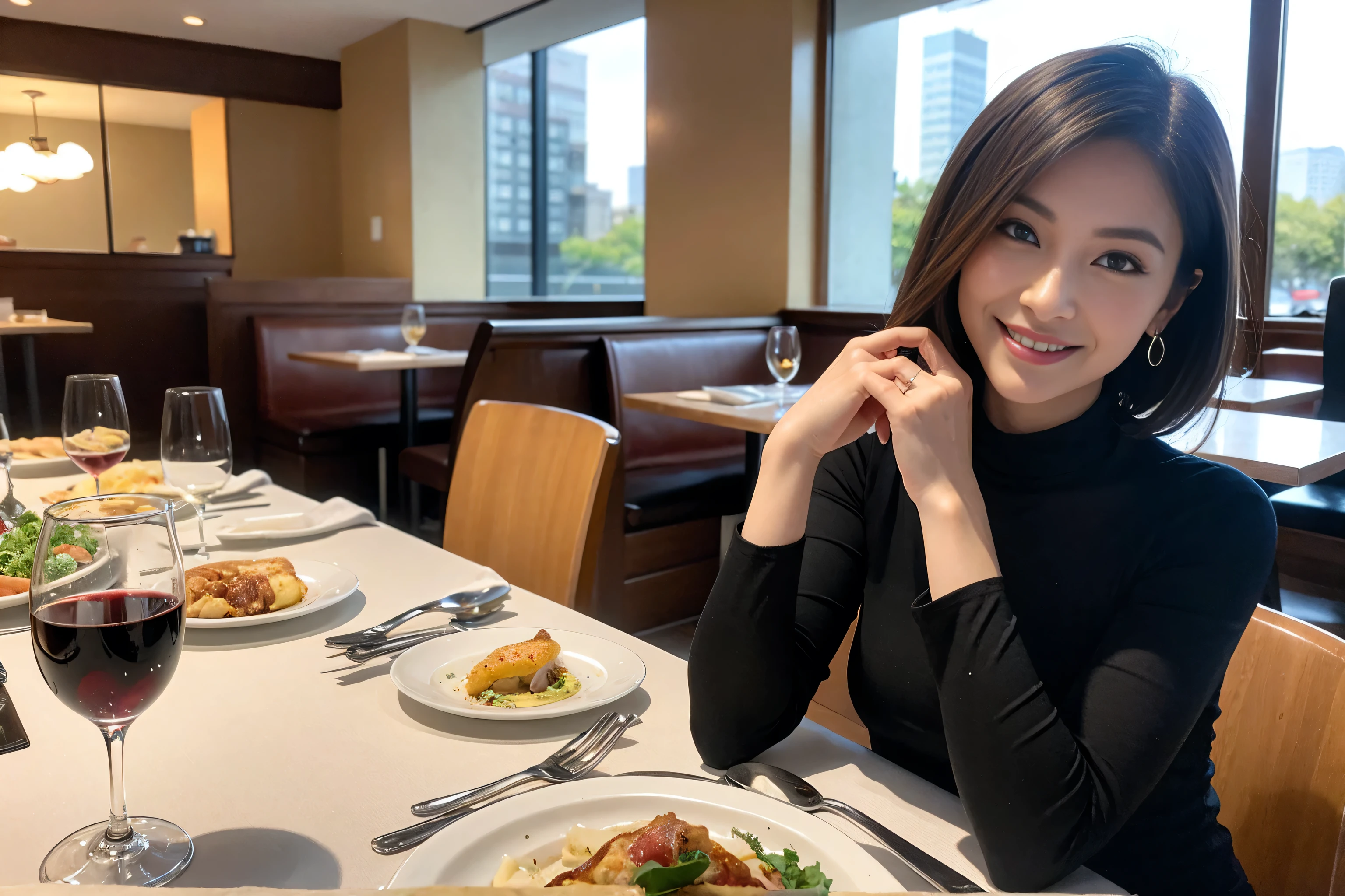 ((Highest quality、8k、masterpiece:1.3))、cute、Slim couple、Model Couple、Actress、(Realistic, Intricate details:1.2), full-course dinner、Wine 、Amazing view of the sunset sky and clouds、A bright smile、short hair,Bright Face、 (45 years old), 48 years old, 赤Wine 、Appetizers、Italian food、Wine bottle、Champagne、スパークリングWine、Two beauties、Brown Hair、Shortcuts、Long sleeve shirt、dress、Beautiful woman 1, (Slim face), (The body is slim), (Brown Hair), (Shortcuts), cheeks turn a little red,Attractive beauty、restaurant, In a prominent place (From the waist up) Nova Frog Style, actress, model, Upper Body, 白Wine, slim, Wineグラス, 中央に置かれたWineグラス, smile, (smile: 1.15), Beautiful fine grain, Depth f/2,saturation, High Contrast, Strong light and shadow,Moist Body:1.5、3D texture、Delicate eyes、Brown Hair、The hair is very shiny、
