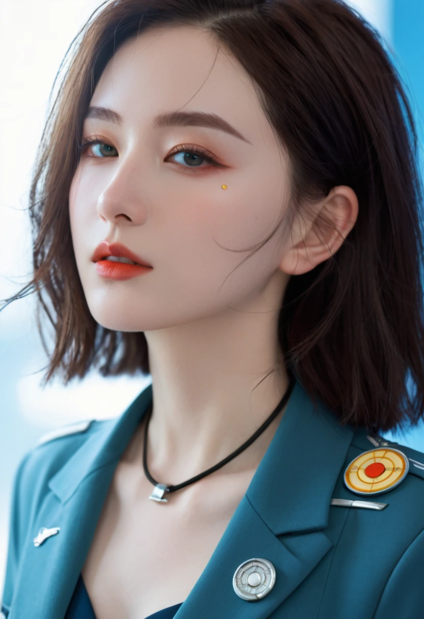 (1 Girl:1.3), Solitary, __body parts__ Delicate and realistic skin, Pale skin, Large target, Official Art, Unity 16k wallpaper, Ultra Detailed, beauty and aesthetics, beauty, masterpiece, best quality, In the cyberpunk city, Wonderful atmosphere, Calming color palette, A calm mood, Soft shadows, Airline stewardess, charm