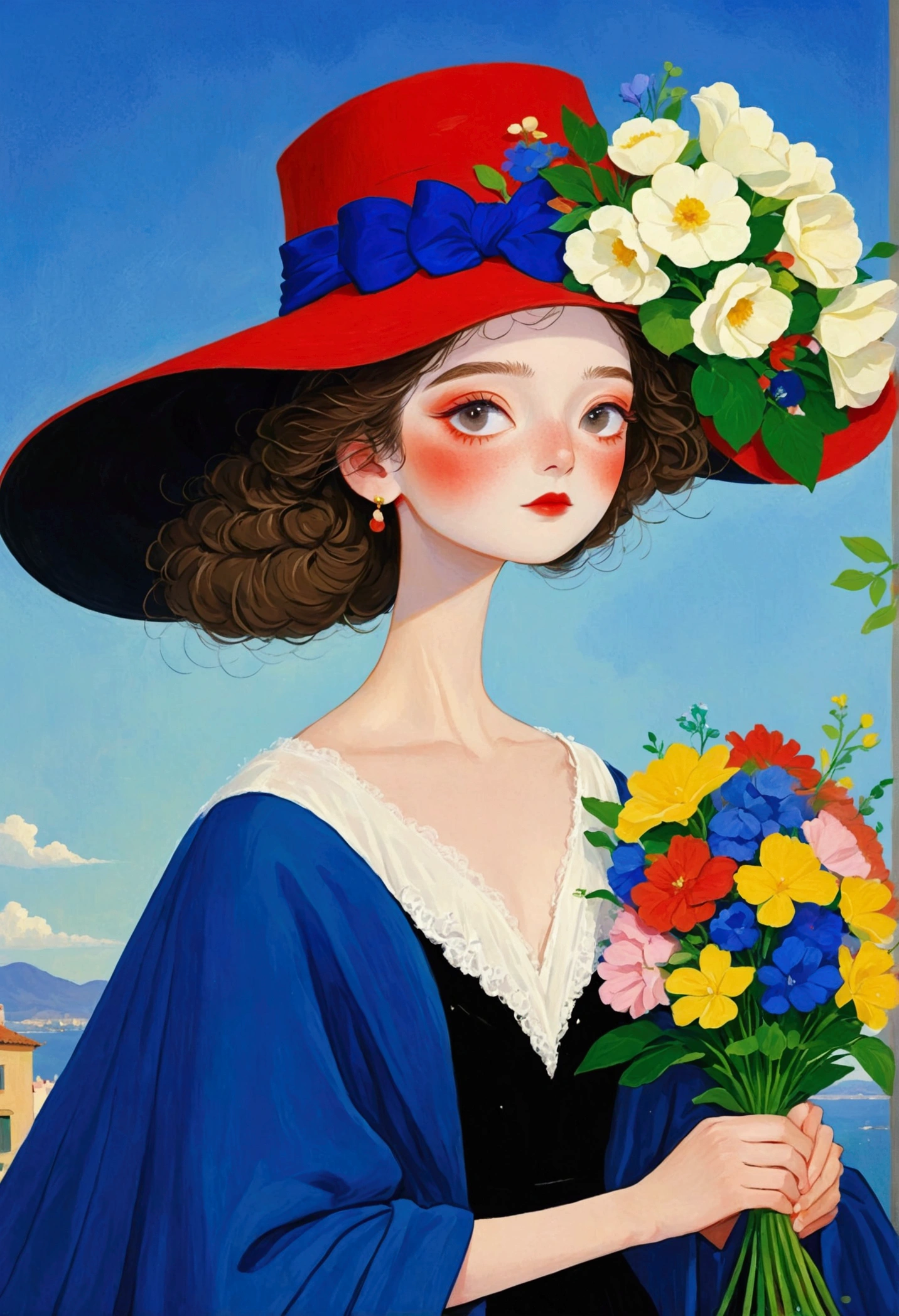 The painting shows a man wearing a big hat、Woman holding a bouquet of flowers, draped in velvet and flowers, Elegant Numbers艺术, Digital painting style, Digital illustration style, Elegant lady, Inspired by Lois Dodd, Inspired by Felix Vallotton (Félix Vallotton), Elegant Numbers, Inspired by Esteban Vicente (Stephen Vincent), Woman in flowers, Elegant woman, Red Hat