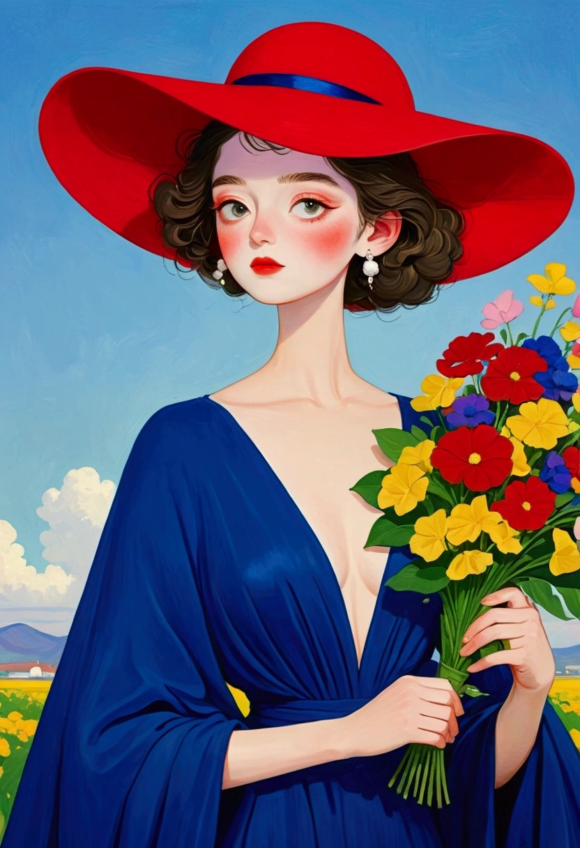 The painting shows a man wearing a big hat、Woman holding a bouquet of flowers, draped in velvet and flowers, Elegant Numbers艺术, Digital painting style, Digital illustration style, Elegant lady, Inspired by Lois Dodd, Inspired by Felix Vallotton (Félix Vallotton), Elegant Numbers, Inspired by Esteban Vicente (Stephen Vincent), Woman in flowers, Elegant woman, Red Hat