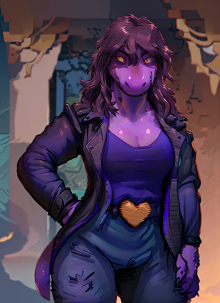 [susie], [participant rune], [Uploaded to E621.grandchild; (pixel artist), (wamudraws), (work)], ((masterpiece)), ((High Definition)), ((high quality)), ((solo portrait)), ((Front view)), ((scales; the second)), ((detailed skin)), ((detailed shading)), ((beautiful rendering art)), ((intricate details)), {the second dinosaur; (athletic figure), purple scales, (reptile snout), pretty yellow eyes, (black pupils), (bags under the eyes), (Short eyelashes), (long thick brown hair), lizard long tail, (beautiful hips), (muscular legs), (angry), (frown)}, {(black leather jacket), (address shirt), (neckline), (hot pink baggy pants), (black boots), (gold heart shaped belt buckle), (pointed bracers)}, {(standing), (arms at the side), (looking at the viewer)}, [bottom; (dark purple cave), (cave), (remains), (Ambient lighting),(unclothed),(massive and big breasts)]