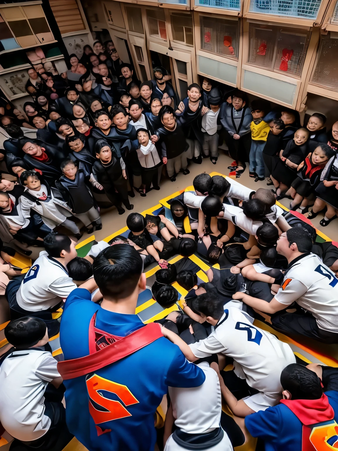 (Supergirl falls to the floor:1.5)、(A large group of short kindergarten boys crowded together:1.6)、(A short boy hugging Supergirl:)、confusion、(Gangbang:1.4)、riot、Group hands、Unarmed Combat、(Submission:1.5)、