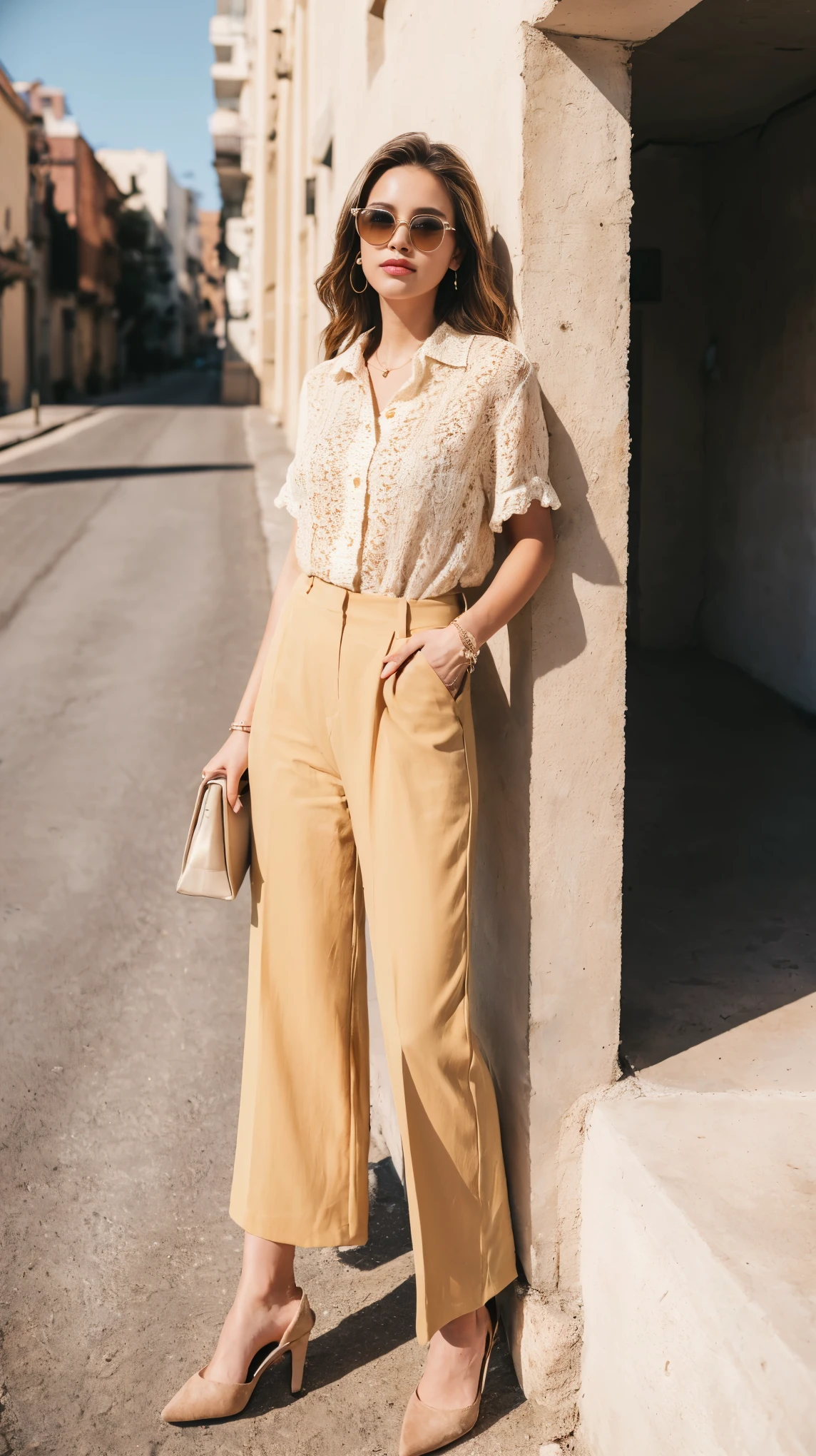 ((Highest quality, 8k, masterpiece:1.3、real:1.3))、Beautiful woman、snapshot:1.5、full body、sunglasses、trend:1.5、shirt、Beige wide pants、real、detailed、In front of the building wall、Professional composition