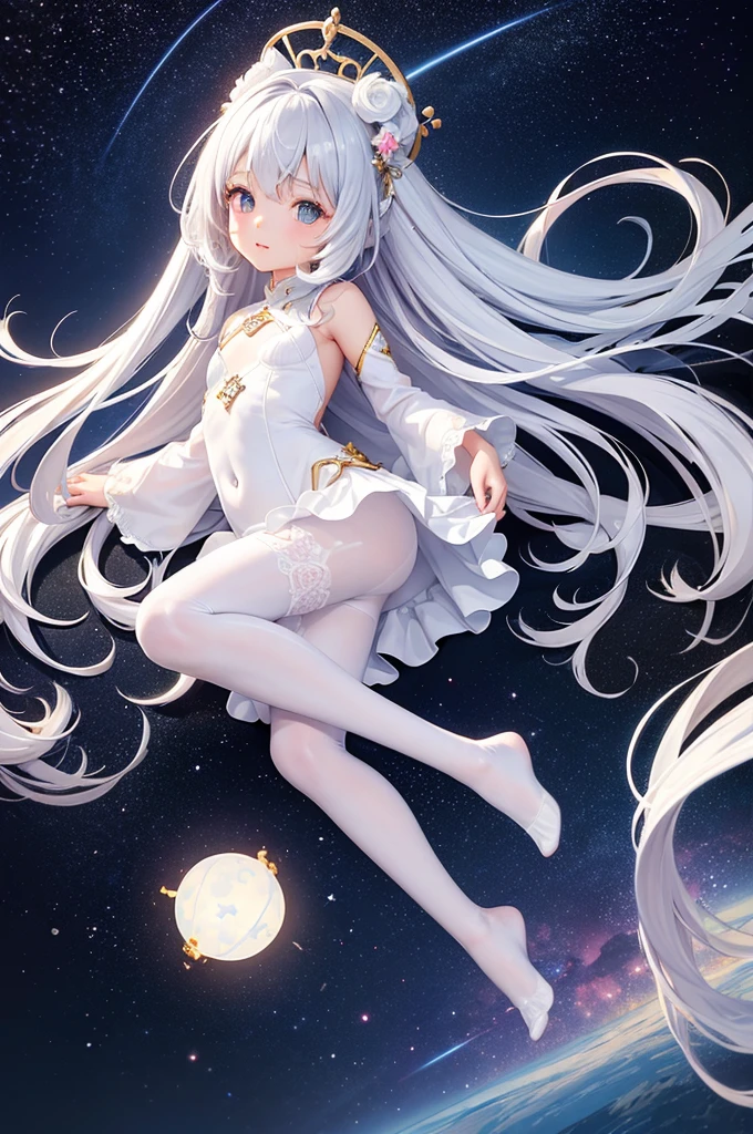 Little ,masterpiece, high resolution, best quality, Very detailed,wallpaper,Space starry sky background,Cute and cute,A body made of white jade,Silver long hair,Height one meter five,V-shaped jumpsuit,Full body picture,No shoes,Very small feet,Feet made of white jade,Reproduction,Lace pantyhose