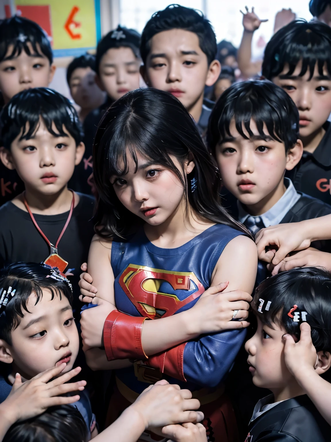 （１Tall Supergirl:1.5)、(A large group of short kindergarten boys crowded together:1.6)、(A short boy hugging Supergirl:)、confusion、(Gangbang:1.4)、riot、