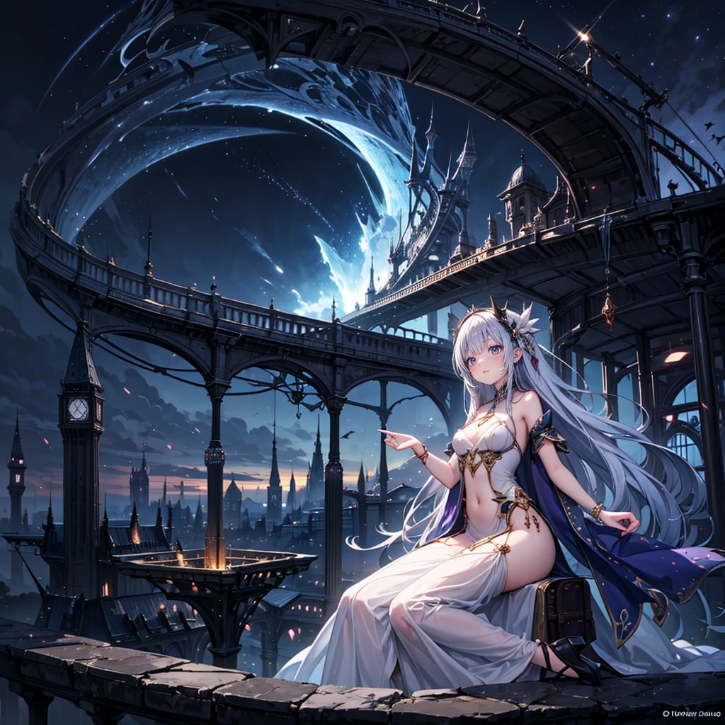 solo, 1 beautiful girl wearing fantasy clothes, sitting pose, stunning beautyfull fantasy world background, panorama view