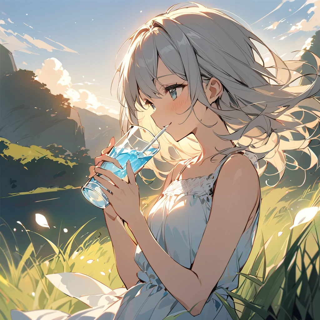 (masterpiece, sketches:1.2) A cute girl ,happily drinking water under a clear blue sky. The girl has a joyful and content expression, with a slight smile as she holds a glass of water in her hands. She has shoulder-length hair, which is gently blowing in the breeze. The girl is wearing a light summer dress, and the sun is shining brightly, casting a warm glow. The background features a picturesque outdoor setting with green grass and perhaps a few fluffy white clouds in the sky. The focus is on the girl’s upper body and face, capturing her enjoyment.
