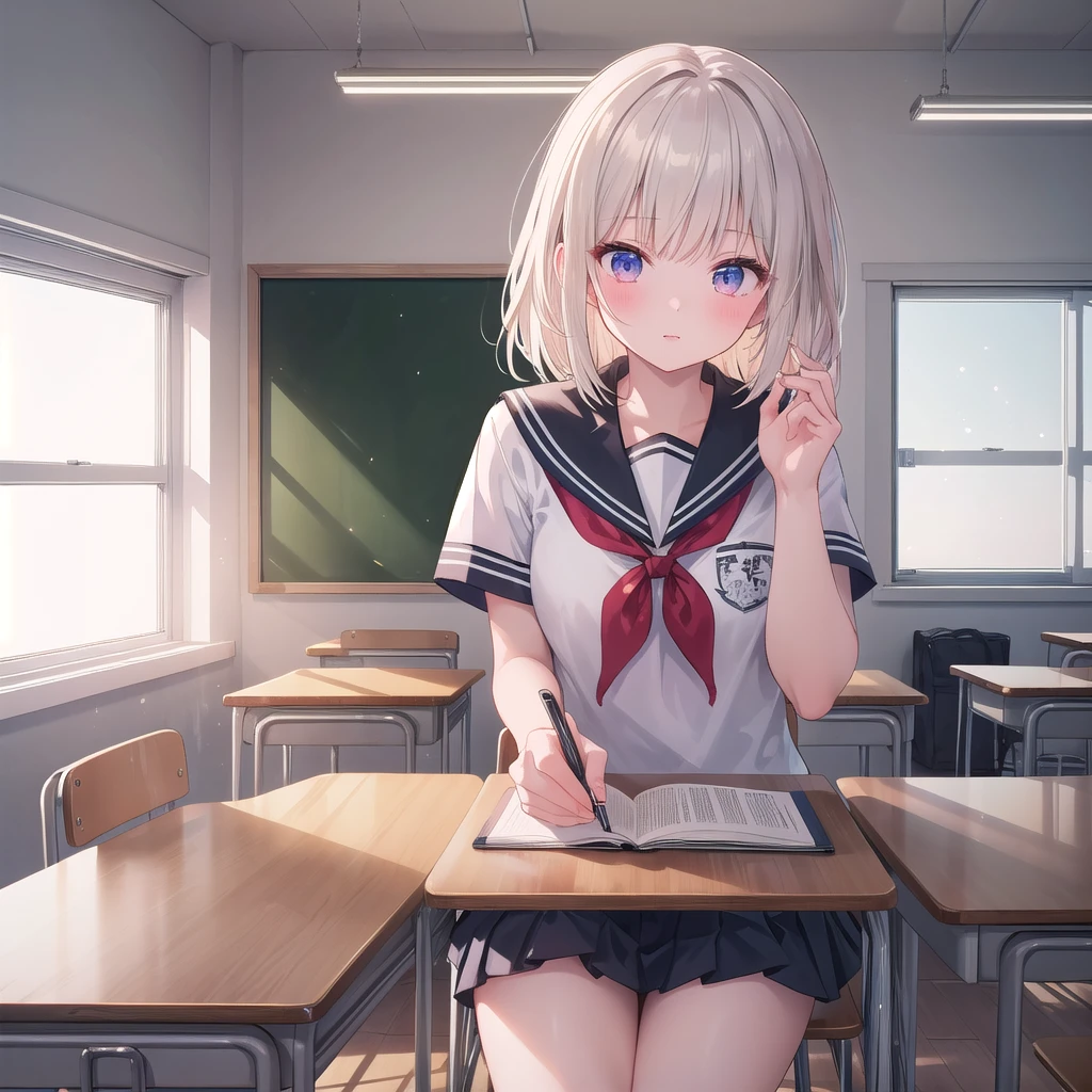 girl wearing school uniform，white color hair，looks away，Sit and open your crotch，embarressed，Be red in the face，weeping，Mouth closed，‎Classroom（Girl leaking urine），Toilet --auto