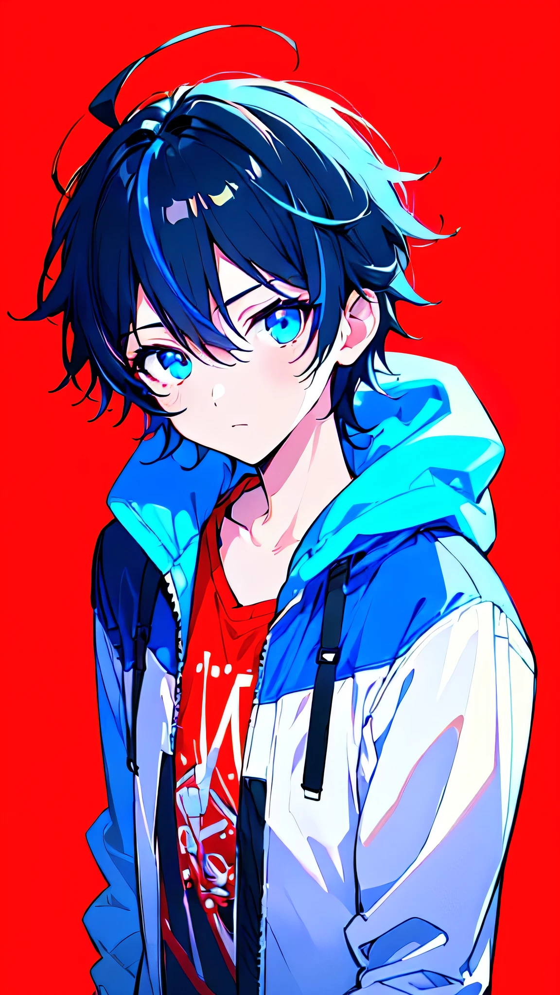 [(RED BACKGROUND:1.5),::5], ((((masterpiece)))), high quality, ultra very high resolution, full color, (((solo))), (()), BLACK hair, ((Blue streaked hair)), (oriental deepblue eyes), anime, ((upper body)), Summer clothes, neon light, black parka,