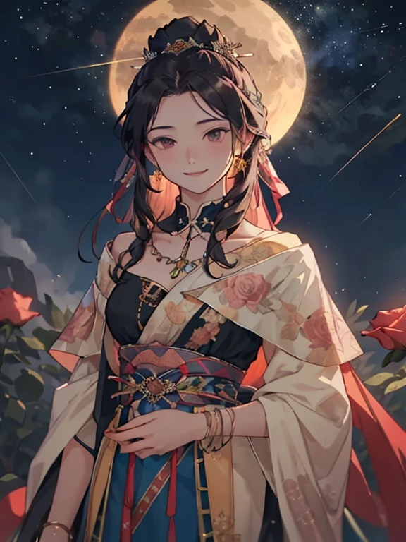((best quality)), ((masterpiece)), (detailed), This is a black rose that looks very noble.,Background with evening sky and shooting stars。Looks very happy,Holding a pink rose in hand