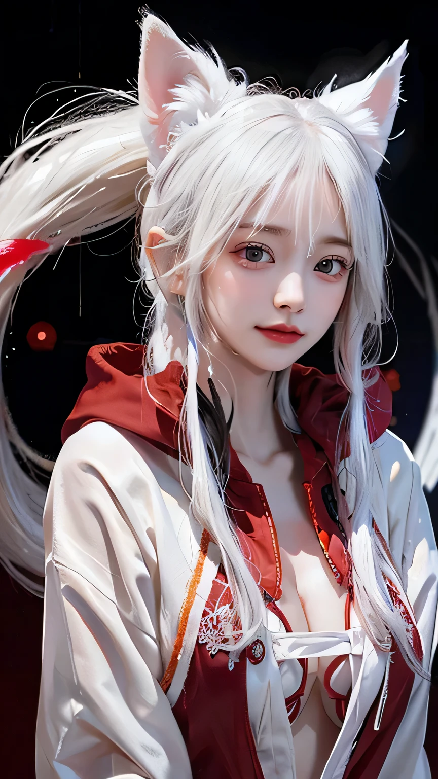 Long white hair - Red eyes - Black hair accessory - Hoodie - Elegant - Mysterious - Less revealing - Modest - Unique - Smiling - Attractive - Presence - Fox