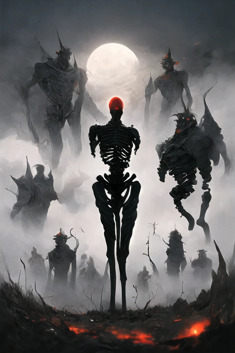 (((Highest quality)))(((Best Image)))(((anatomy)))外見は黒いfog,Wear shiny armor,Modern Battle Suits(((Appearance)))The shape is humanoid,Wearing armour(((Features)))Eyes glowing red,The shape is made of purple glowing matter..Possess modern weapons.(((male)))The skeleton is human-like、Muscle fibers are visible,fogのようなガス状のもので構築している(((background)))Barren Land,dead tree,fog,Chaotic world(((Standing posture)))Battle Scenes,overwhelmingly strong,Symbol of Terror,Highest quality。