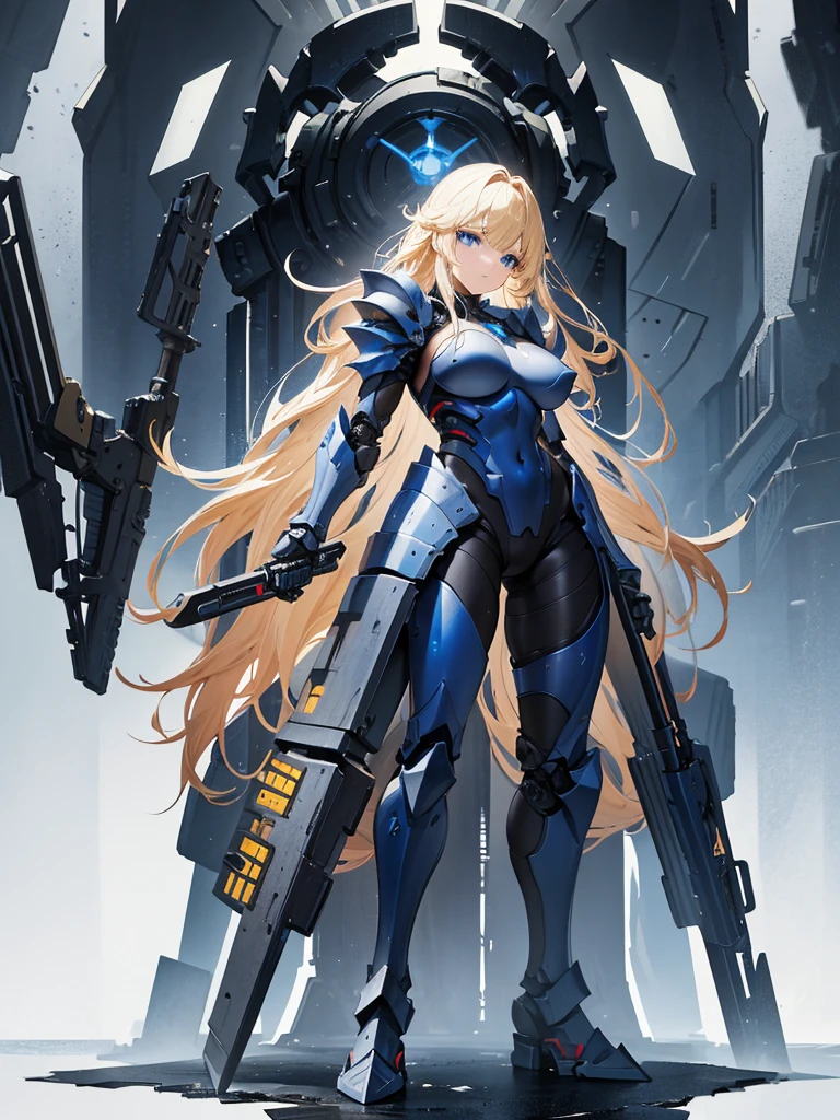 Full-body portrait、Are standing、True Face、A mechanical robot body with very thick and heavy armor、Heavy equipment、Chunky armor、Large and sturdy equipment、Equipment with many built-in weapons、Blonde、Long Hair、Blue Eyes、High resolution, solo、Full-body portrait