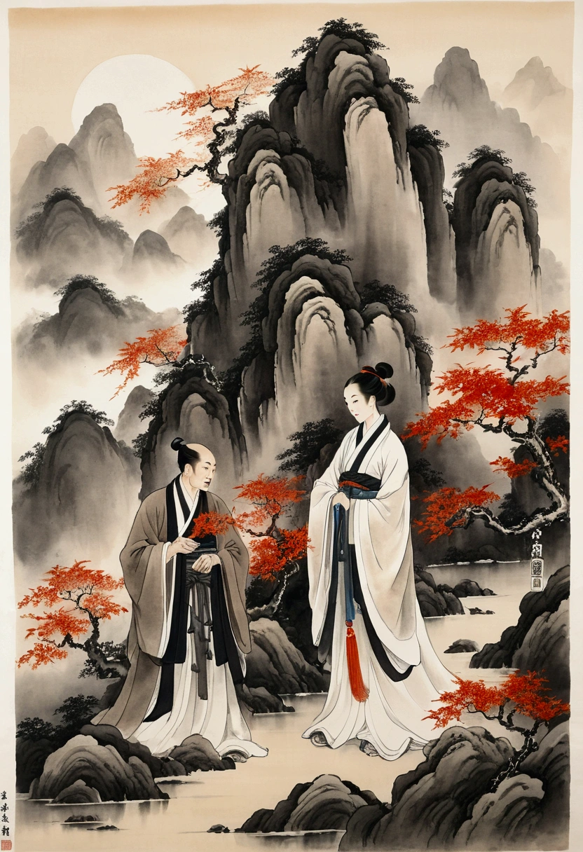 Landscape painting figures, a man and a woman, Taoist robes, cultivating immortals, ink and wash, mountains, self-confidence, immortal spirit, fallen leaves in the background