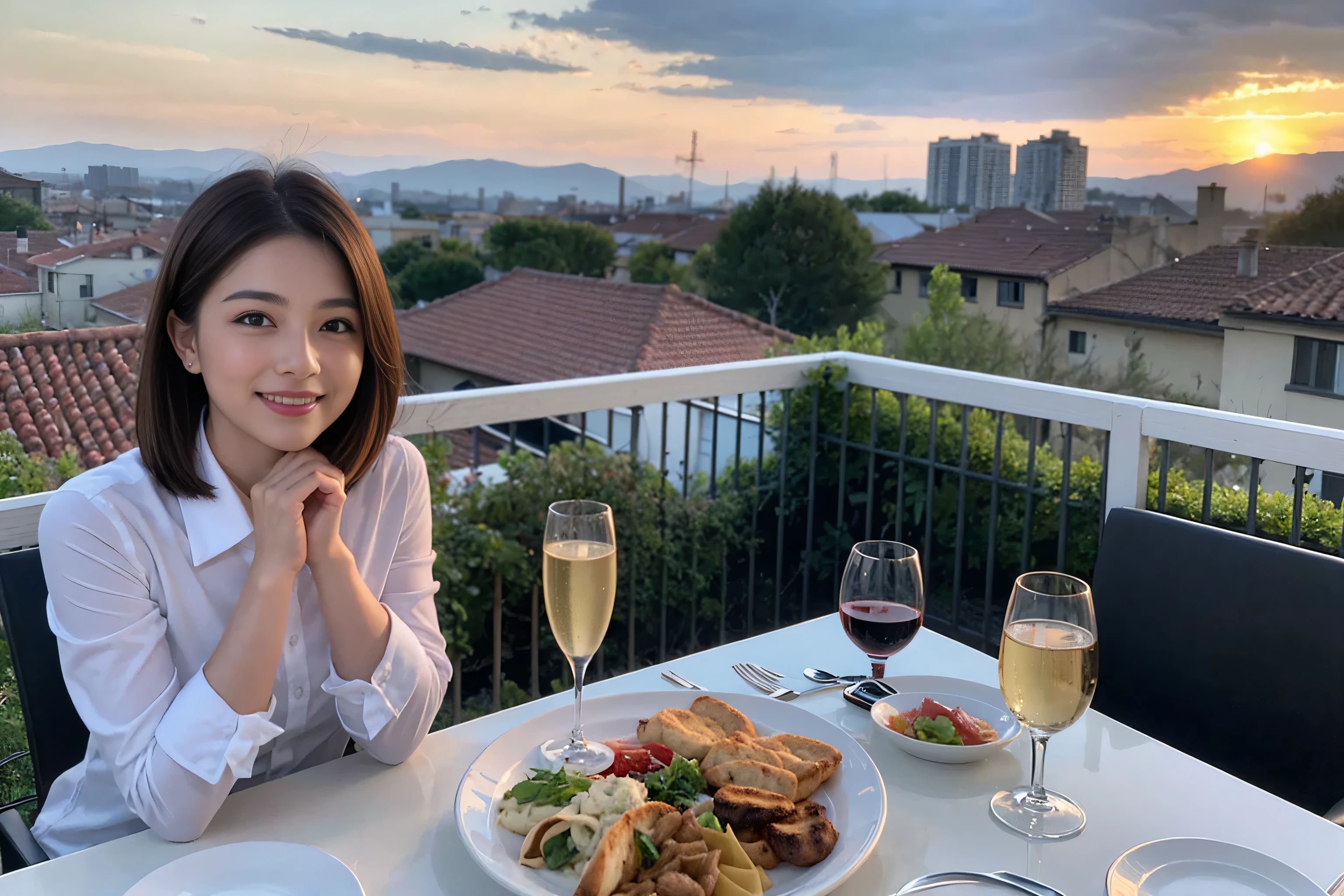 ((Highest quality、8k、masterpiece:1.3))、cute、Slim Couple、Model Couple、Actress/Actor、(Realistic, Intricate details:1.2), full-course dinner、wine 、Amazing view of the sunset sky and clouds、A bright smile、short hair,Bright Face、 (45 years old), 48 years old, 赤wine 、Appetizers、Italian food、wine bottle、Champagne、スパークリングwine、Two beauties、Brown Hair、Shortcuts、Long sleeve shirt、dress、Beautiful woman 1, (Slim face), (The body is スリム), (Brown Hair), (Shortcuts), cheeks turn a little red,Attractive beauty、
