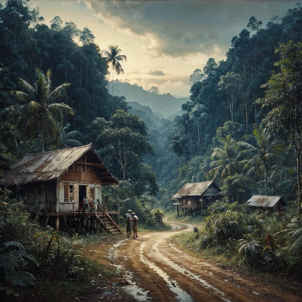 Oil paint splattered era 1960, a view, the road turns, samping kanan kiri forest rapat borneo, there is a mountain background, forest, coconut tree, and trees, there is bush grass, ferns plant,very dark night,naturalism,Realism,very dull canvas,basuki abdullah style,Oil paint splashes are intuitive