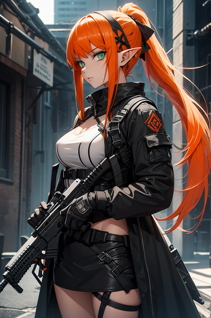 hot badass gothic Distopian Future Elf girl with long orange hair with curtain bangs in a ponytail, green eyes and black clothes futuristic tattoos carrying a sniper rifle