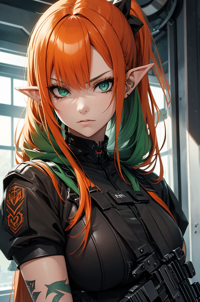 hot badass gothic Distopian Future Elf girl with long orange hair with curtain bangs in a ponytail, green eyes and black clothes futuristic tattoos carrying a sniper rifle
