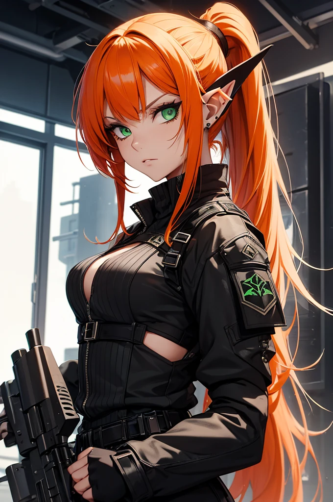 hot badass gothic Distopian Future Elf girl with long orange hair with curtain bangs in a ponytail, green eyes and black clothes futuristic tattoos carrying a sniper rifle