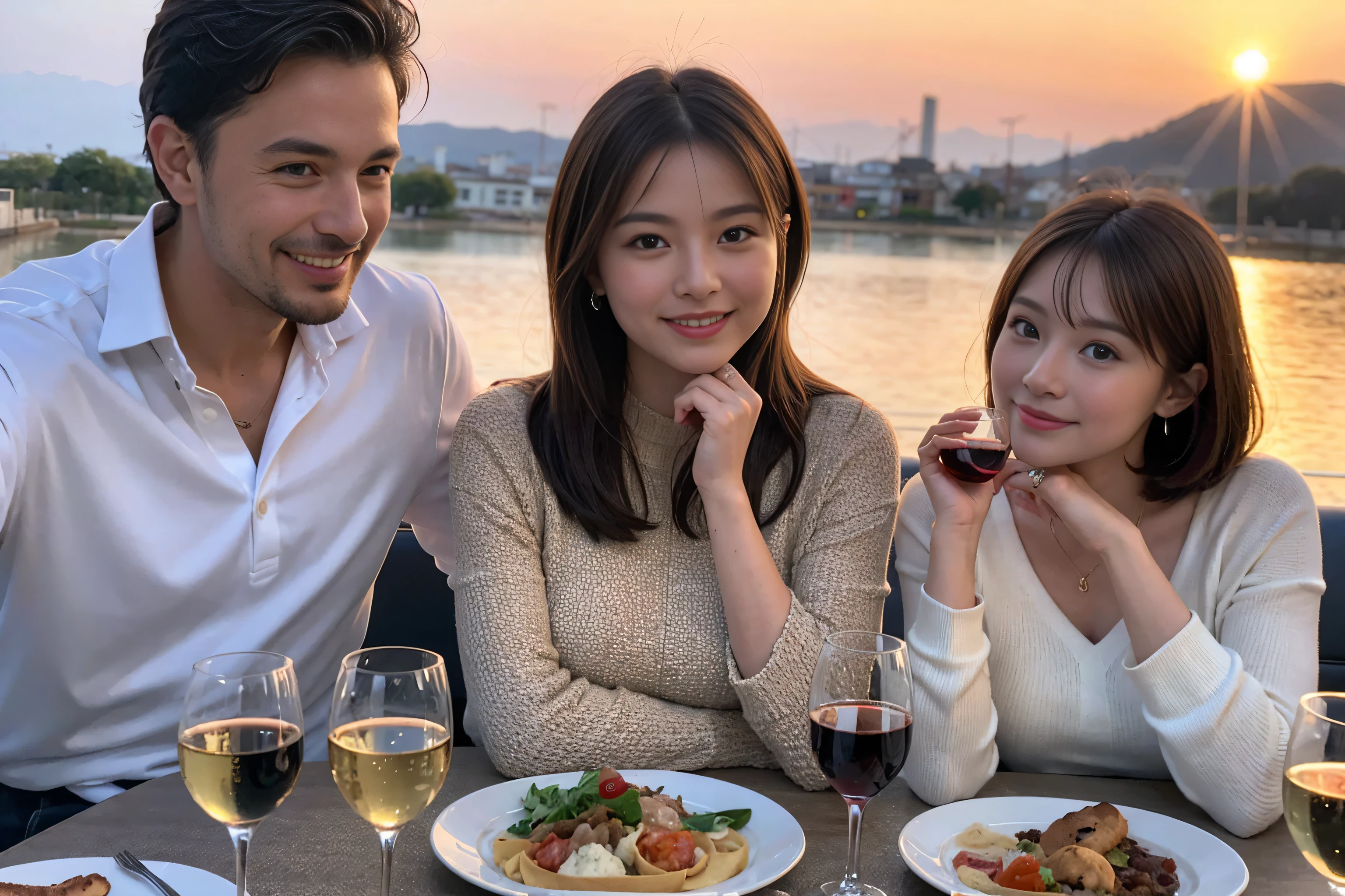 ((Highest quality、8k、masterpiece:1.3))、cute、Slim Couple、Model Couple、Actress/Actor、(Realistic, Intricate details:1.2), full-course dinner、wine 、Amazing view of the sunset sky and clouds、A bright smile、short hair,Bright Face、 (45 years old), 48 years old, 赤wine 、Appetizers、Italian food、wine bottle、Champagne、スパークリングwine、Two beauties、Brown Hair、Shortcuts、Long sleeve shirt、dress、Beautiful woman 1, (Slim face), (The body is スリム), (Brown Hair), (Shortcuts), cheeks turn a little red,Attractive beauty、