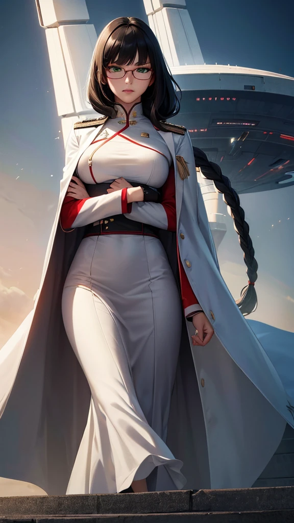 (highest resolution),(beautiful picture),sci-fi movie poster,(สไตล์ภาพscience fiction),(best quality),(Masterpiece),(Maximum face detail),((semi-realistic)), Maximum face resolution,22 years old, woman,,Slim, good figure,east asian people,small breasts, black hair,(Bangs) double braid hairstyle, smooth, green eyes,red glasses,(high class military uniform),long skirt,white coat,future,science fiction