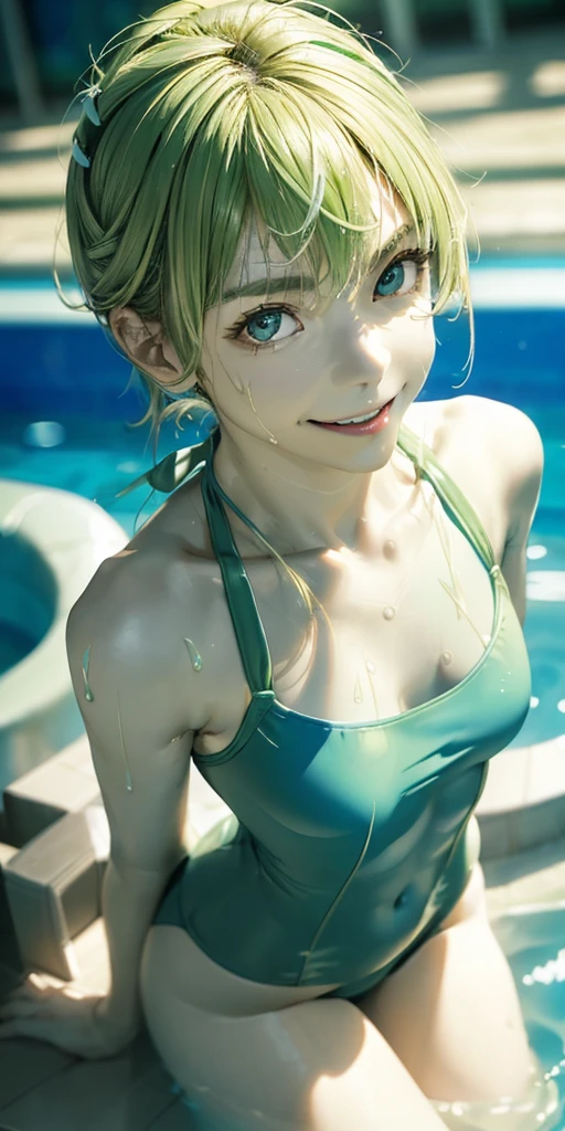 ((((Close-up angle from above)))), solo,( ((Breast enlargement)))、((((smile,)))) (((Emphasize cleavage、)))((((wearing a green and white swimsuit、))))((((Various poses、))))((Hair bundle))、A sexy masterpiece with wet hair, Highest quality, Realistic, Ultra-detailed, (Glowing Skin, sweating: 1.4), View your viewers,((((blonde very short hair))))((((blue eyes, ))))thin, Dynamic light and shadow, High resolution, Sharp focus, Depth of written boundary, I narrowed my eyes., Sharp pupils, Realistic生徒, (Small breasts: 1.6), (Thigh Thickness: 1.0), Indoor swimming pool