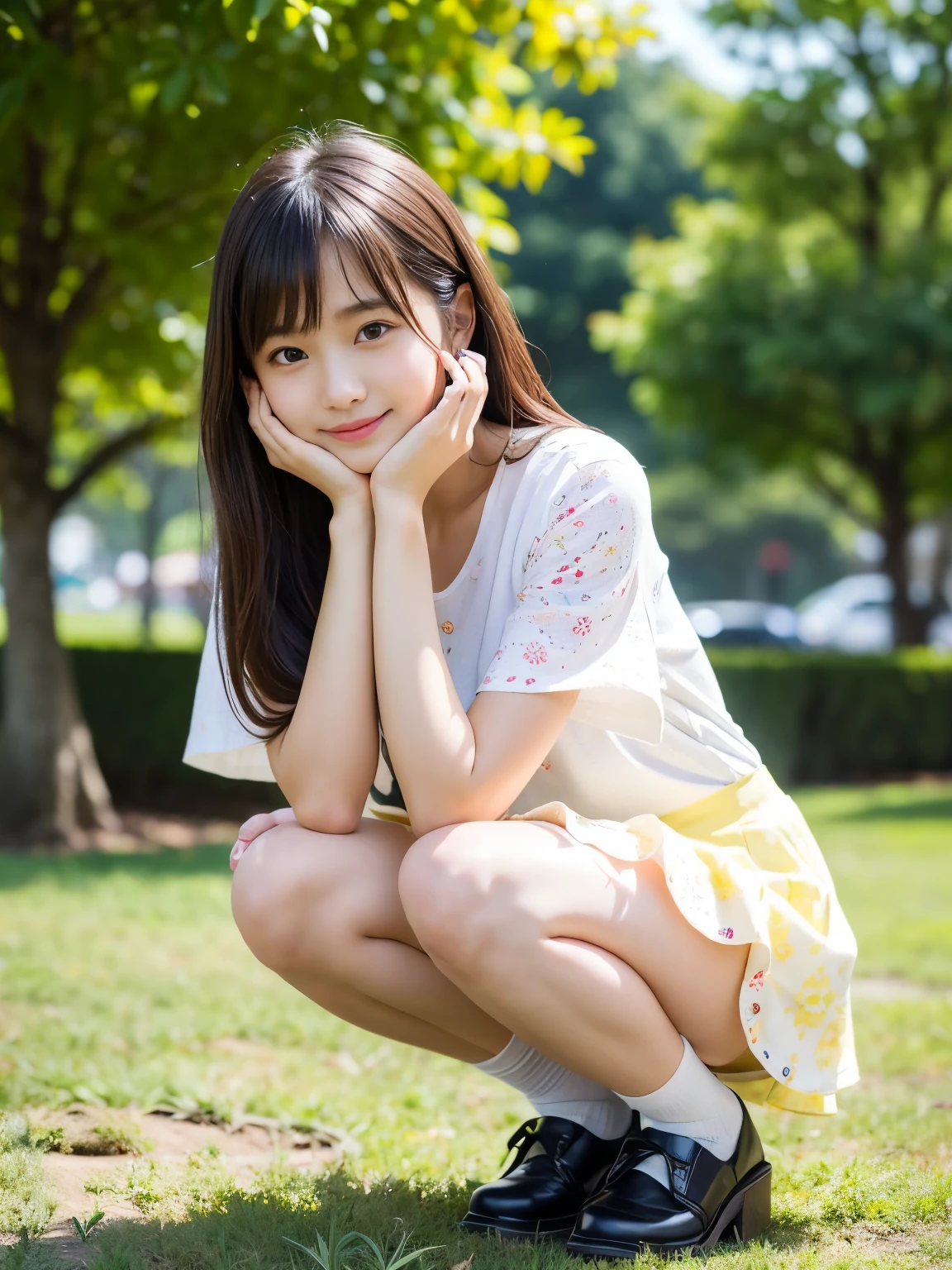 (Best-quality, Masterpiece, Ultra-High-Resolution, (Photorealistic:1.4), Raw-Photo, 64K, depth of field, professional lighting, perfect anatomy, extremely details), ((front view, from below):1.3), 1girl, 15-years-old, the most famous Japanese idol, squatting on park, wearing white casual-dress, ((extremely cute and extremely big eyes)), ((extremely beautiful skins)), looking at viewer, innocent smile, ((showing yellow bloomers with cute-patterned))