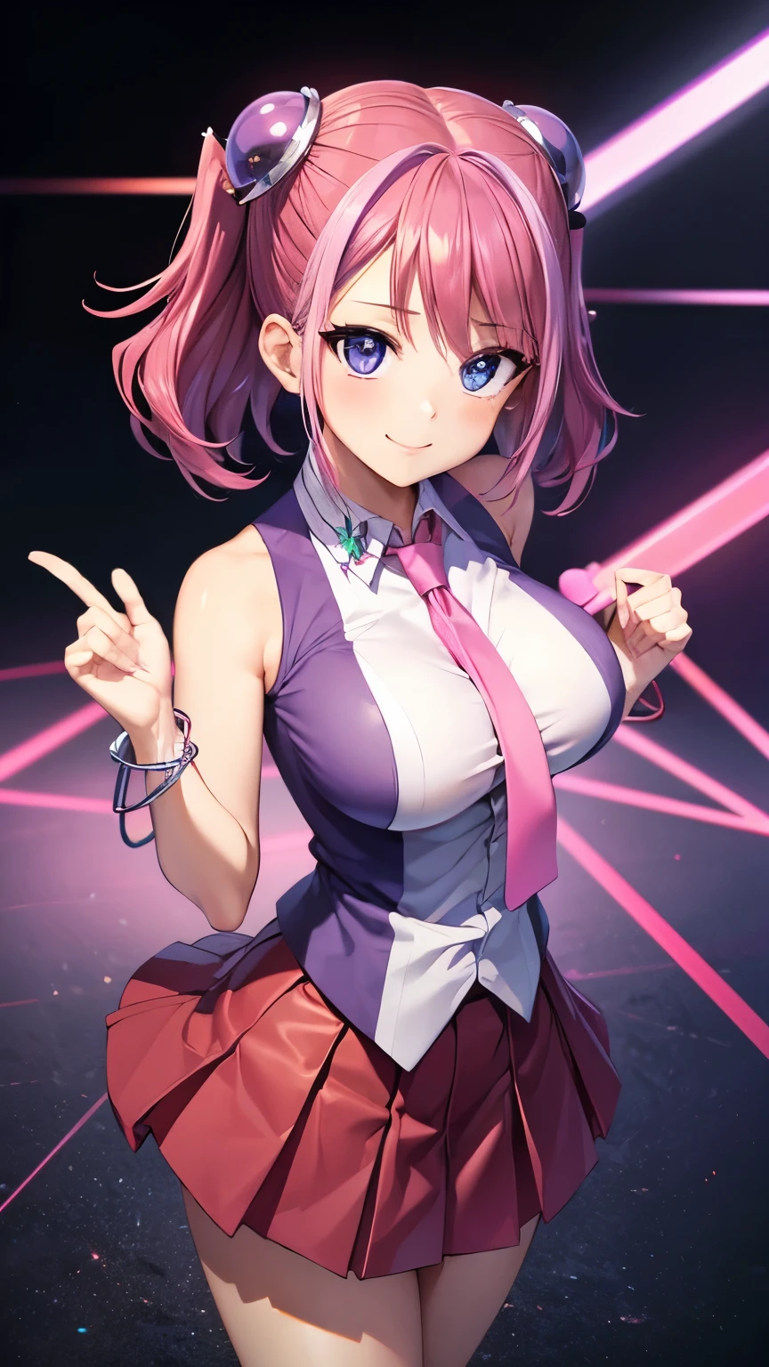 masterpiece, best quality, highres, hy1, hair ornament, multicolored hair, necktie,pink skirt,tight skirt, miniskirt ,sleeveless, , jewelry, ,smile,big tits  ,looking at viewer,top view,(standing), bracelet, Cyber city,pink neon lights,((perfect face)),perfect body, perfect , high definition,blush,((upper body))