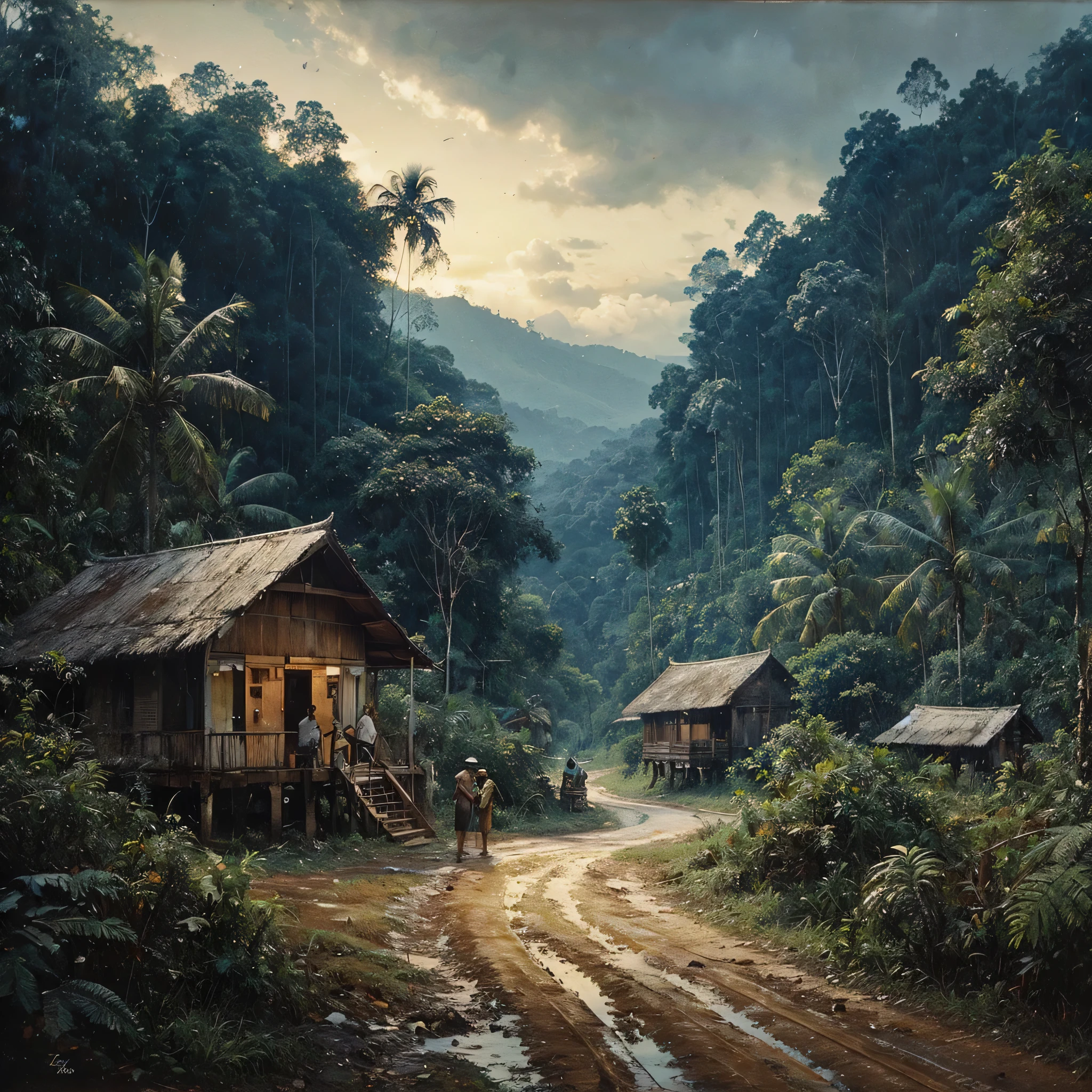 Oil paint splattered era 1960, a view, the road turns, samping kanan kiri forest rapat borneo, there is a mountain background, forest, coconut tree, and trees, there is bush grass, ferns plant,very dark night,naturalism,Realism,very dull canvas,basuki abdullah style,Oil paint splashes are intuitive