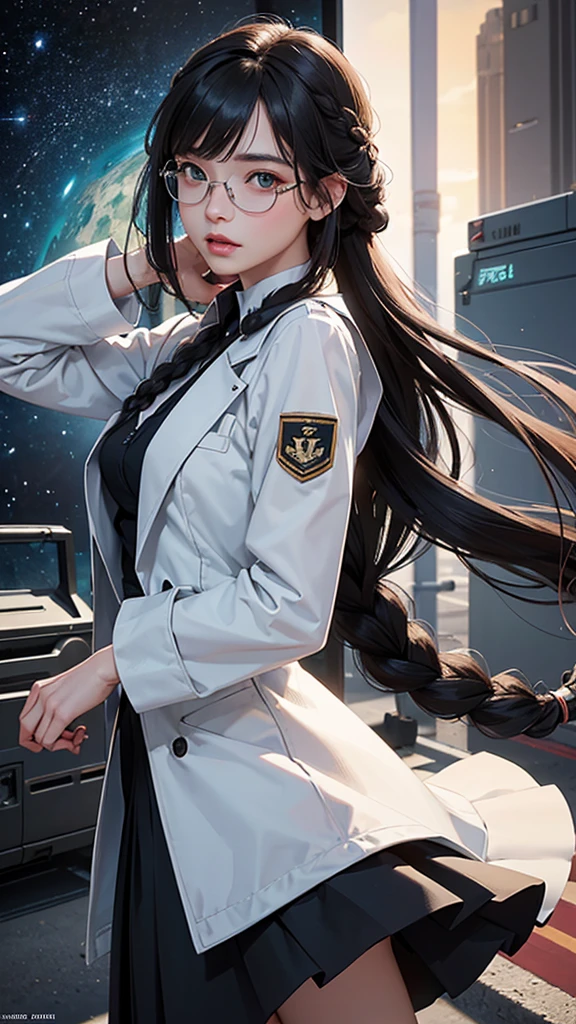 (highest resolution),(beautiful picture),sci-fi movie poster,(สไตล์ภาพscience fiction),(best quality),(Masterpiece),(Maximum face detail),((semi-realistic)), Maximum face resolution,22 years old, woman,,Slim, good figure,east asian people,small breasts, black hair,(Bangs) double braid hairstyle, smooth, green eyes,red glasses,(high class military uniform),long skirt,white coat,future,science fiction 