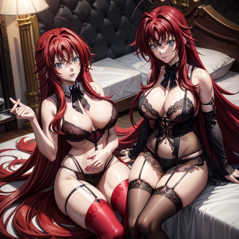 1 girl, Rias Gremory, long hair, crimson long hair, It goes down to the thighs with a single strand of hair coming out from the top of the hair. It also has loose bangs covering the forehead and side bangs framing the face., voluptuous body, large breasted, black lingerie, black bra, black lace panties, black garter belt with stocking, looking at the viewers, lie on bed, perfect finger shape, the number of fingers is not excessive