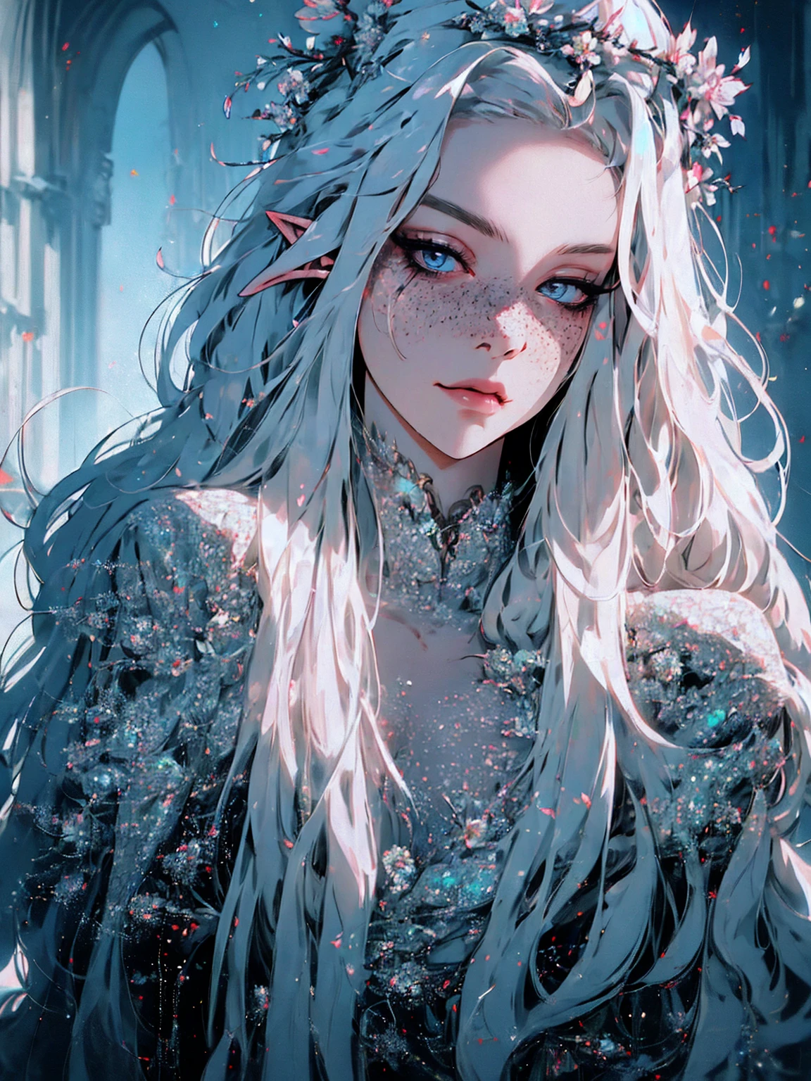 hyper-realistic of a mysterious woman with flowing white hair, ears of elf, freckles, piercing opal eyes, and a delicate floral crown, delicate smile, upper body