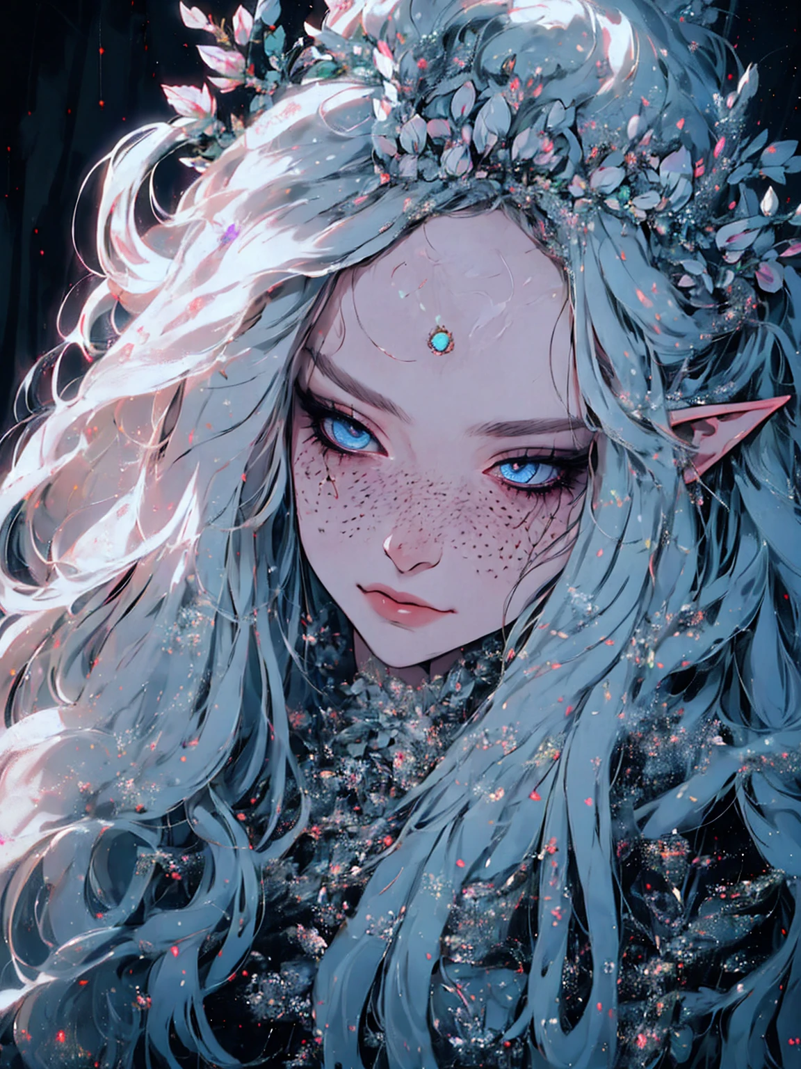 hyper-realistic of a mysterious woman with flowing white hair, ears of elf, freckles, piercing opal eyes, and a delicate floral crown, delicate smile, upper body