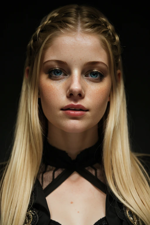 beauty photo headshot of a simple modern female CharlotteStokely in a dark theme black background,
  golden-blonde dutch braided hair, detailed intricate hair strands, detailed hairline, pale skintone, detailed skin complexion, (modest simple elegant modern designer blouse:1.2)
 (intricate skin details:1.3),
bright shining eyes, covered navel
amazing fine detail, Nikon D850 film stock photograph Kodak Portra 400 camera f1.6 lens, rich colors, lifelike texture, dramatic lighting, dynamic composition, unreal engine, trending on ArtStation, cinestill 800 tungsten, in the style of David Hamilton photography