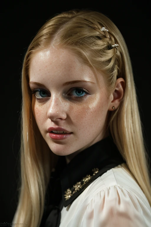 beauty photo headshot of a simple modern female CharlotteStokely in a dark theme black background,
  golden-blonde dutch braided hair, detailed intricate hair strands, detailed hairline, pale skintone, detailed skin complexion, (modest simple elegant modern designer blouse:1.2)
 (intricate skin details:1.3),
bright shining eyes, covered navel
amazing fine detail, Nikon D850 film stock photograph Kodak Portra 400 camera f1.6 lens, rich colors, lifelike texture, dramatic lighting, dynamic composition, unreal engine, trending on ArtStation, cinestill 800 tungsten, in the style of David Hamilton photography