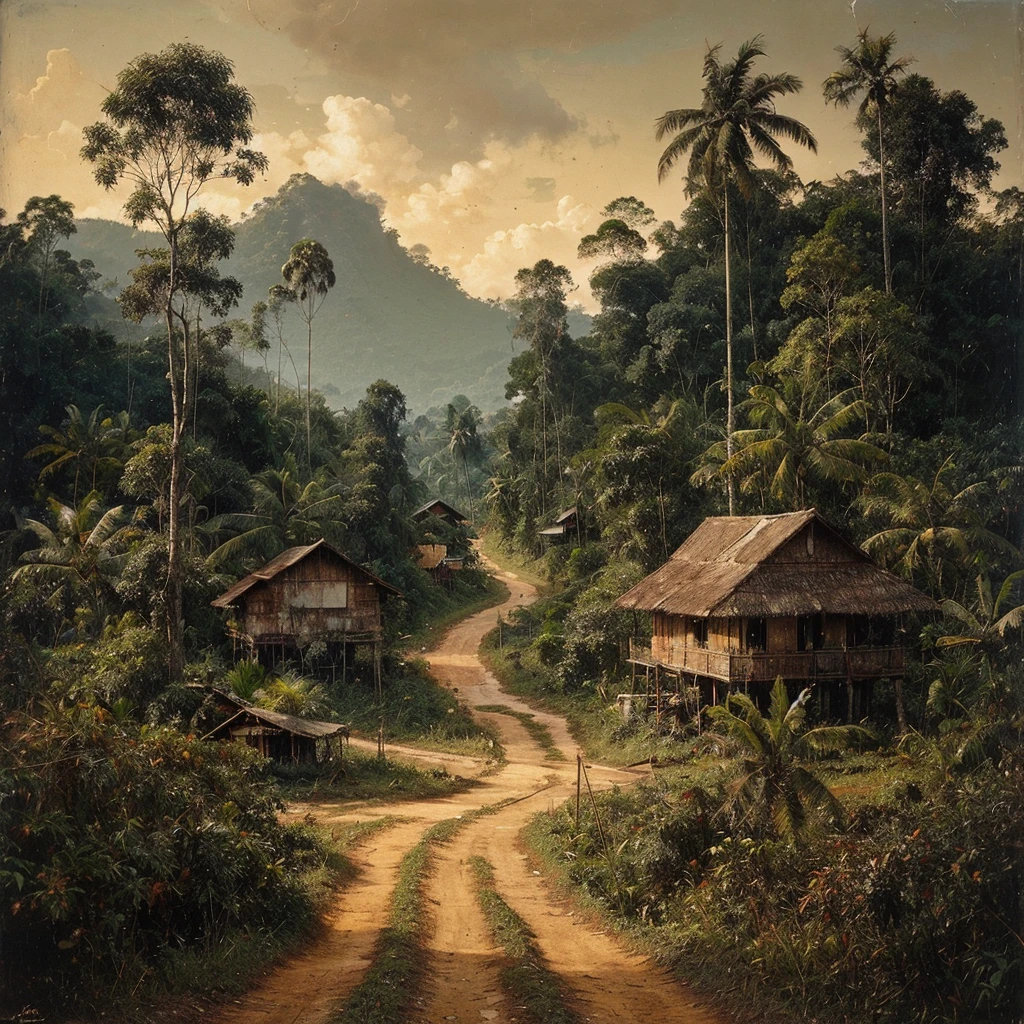 Oil paint splattered era 1960, a view, the road turns, samping kanan kiri forest rapat borneo, there is a mountain background, forest, coconut tree, and trees, there is bush grass, ferns plant,very dark night,naturalism,Realism,very dull canvas,basuki abdullah style,Oil paint splashes are intuitive