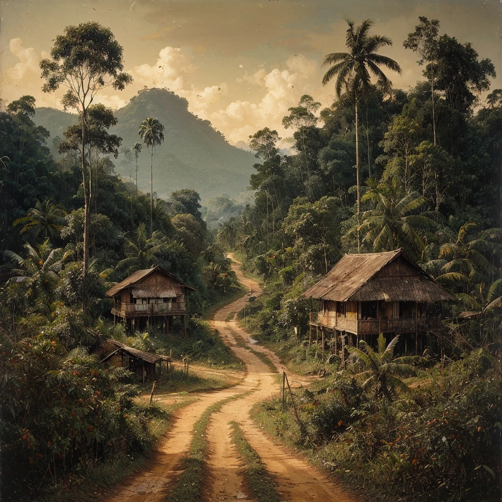 Oil paint splattered era 1960, a view, the road turns, samping kanan kiri forest rapat borneo, there is a mountain background, forest, coconut tree, and trees, there is bush grass, ferns plant,very dark night,naturalism,Realism,very dull canvas,basuki abdullah style,Oil paint splashes are intuitive