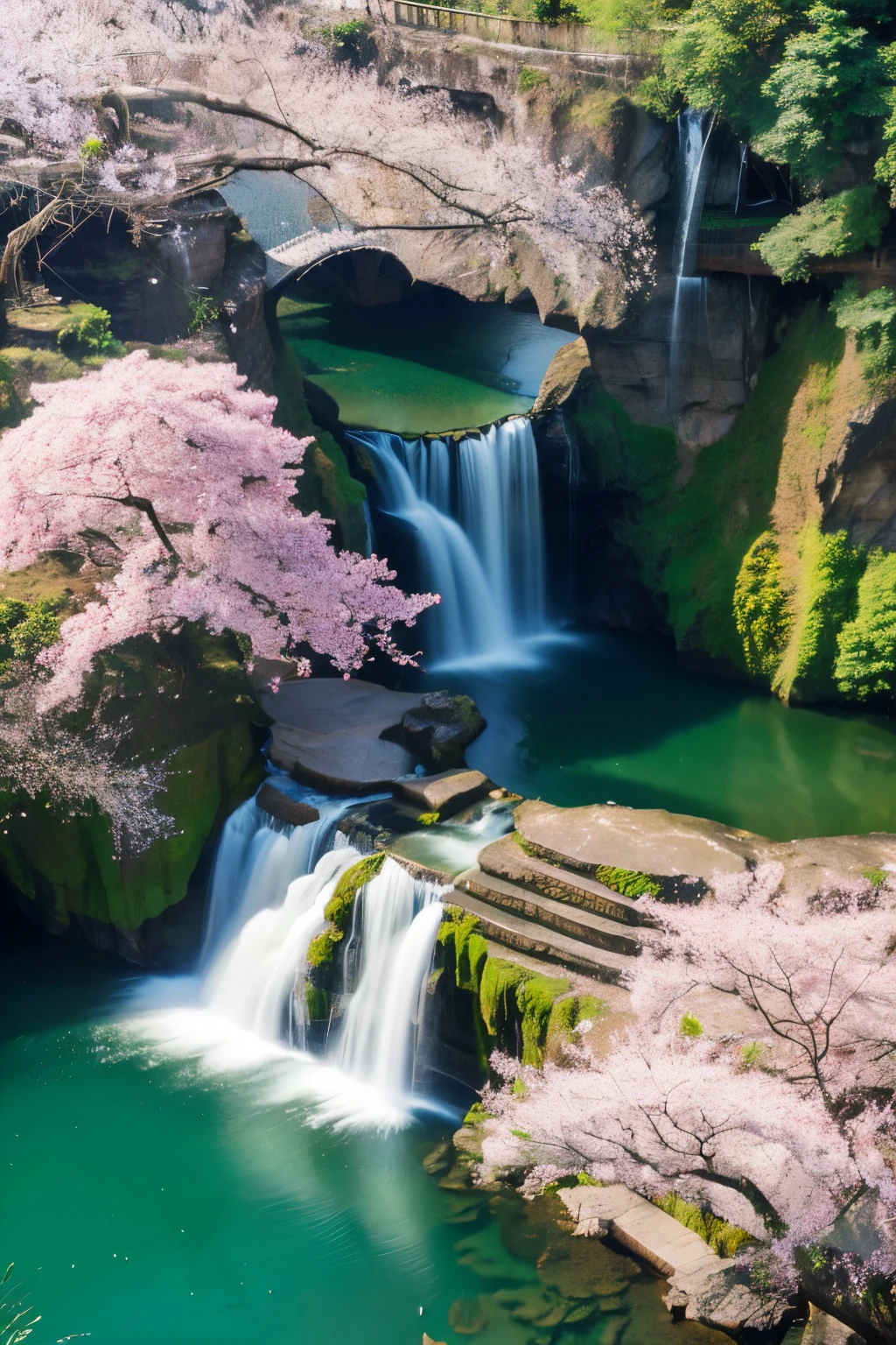 ((Highest quality)), ((masterpiece)), (detailed), Photo Quality,Aerial view of the waterfall,Cherry blossoms are blooming,