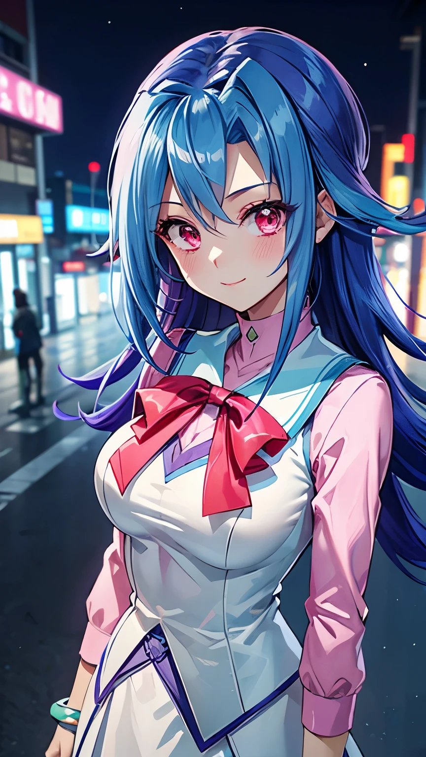 masterpiece, best quality, highres, kr1, multicolored hair, dyed bangs, long sleeves, bow, pink dress, white vest, white skirt,smile,big tits  ,looking at viewer,top view,(standing), bracelet, Cyber city,green neon lights,((perfect face)),perfect body, perfect , high definition,blush,((upper body))