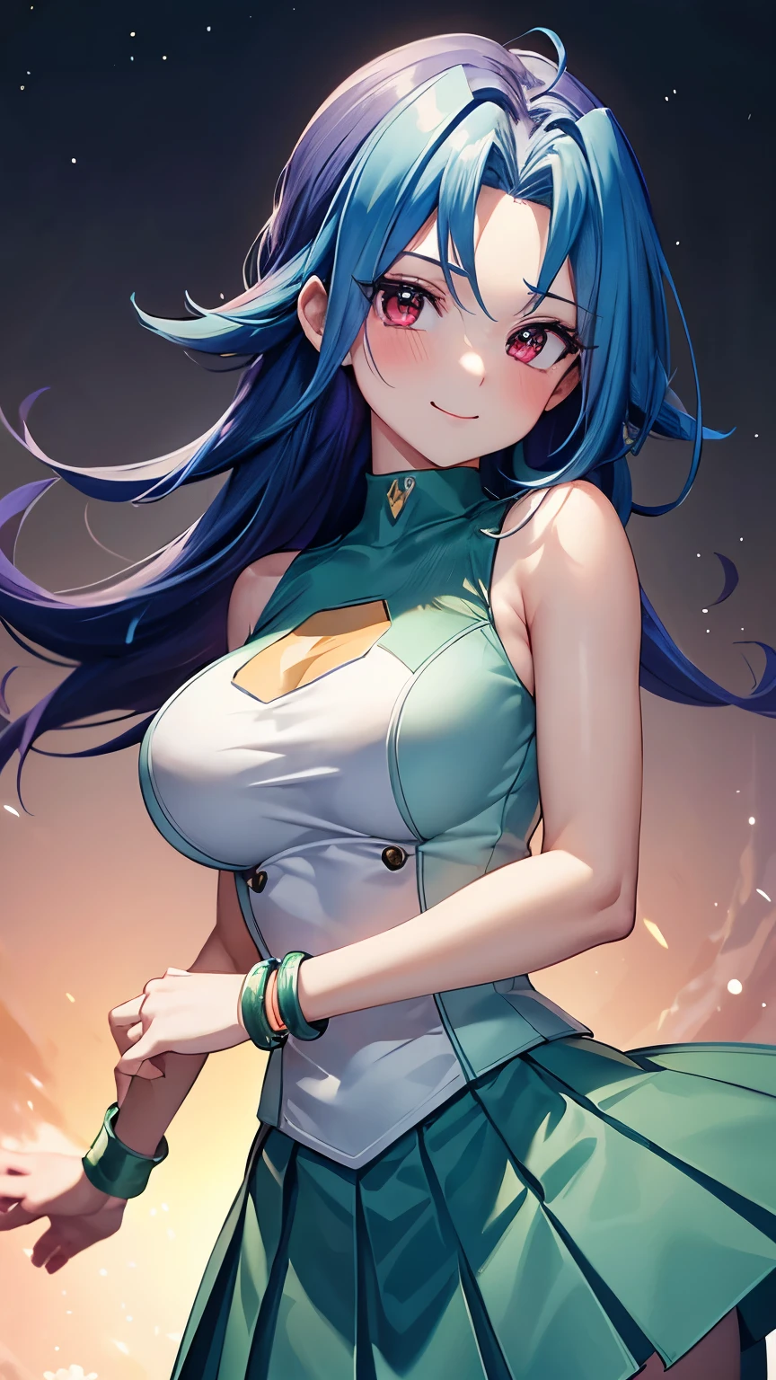 masterpiece, best quality, highres, kr1, multicolored hair, dyed bangs, white shirt, sleeveless, green skirt, pleated skirt,smile,big tits  ,looking at viewer,top view,(standing), bracelet, Cyber city,green neon lights,((perfect face)),perfect body, perfect , high definition,blush,((upper body)), detailed face,cute face