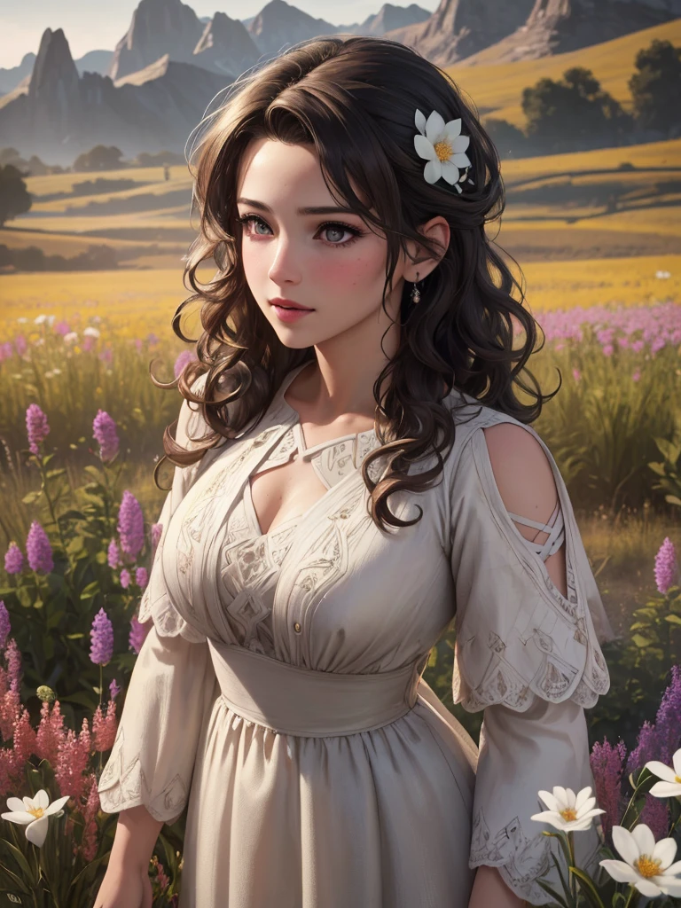 a teenage girl, beautiful detailed eyes, beautiful detailed lips, extremely detailed face and skin, long eyelashes, curly brown hair, wearing a white dress, standing in a field of flowers, golden hour lighting, cinematic composition, detailed background, dramatic lighting, fantasy, elegant, serene, (best quality, 4k, 8k, highres, masterpiece:1.2), ultra-detailed, (realistic, photorealistic, photo-realistic:1.37), dynamic composition, vibrant colors, warm color palette