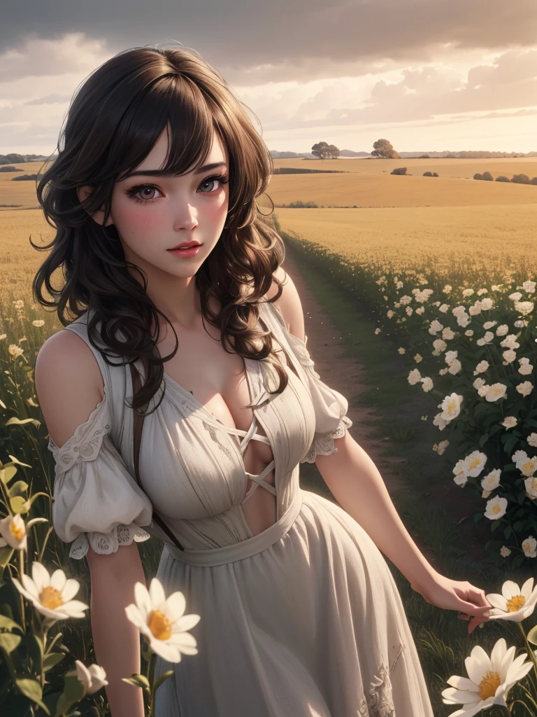 a age girl, beautiful detailed eyes, beautiful detailed lips, extremely detailed face and skin, long eyelashes, curly brown hair, wearing a white dress, standing in a field of flowers, golden hour lighting, cinematic composition, detailed background, dramatic lighting, fantasy, elegant, serene, (best quality, 4k, 8k, highres, masterpiece:1.2), ultra-detailed, (realistic, photorealistic, photo-realistic:1.37), dynamic composition, vibrant colors, warm color palette