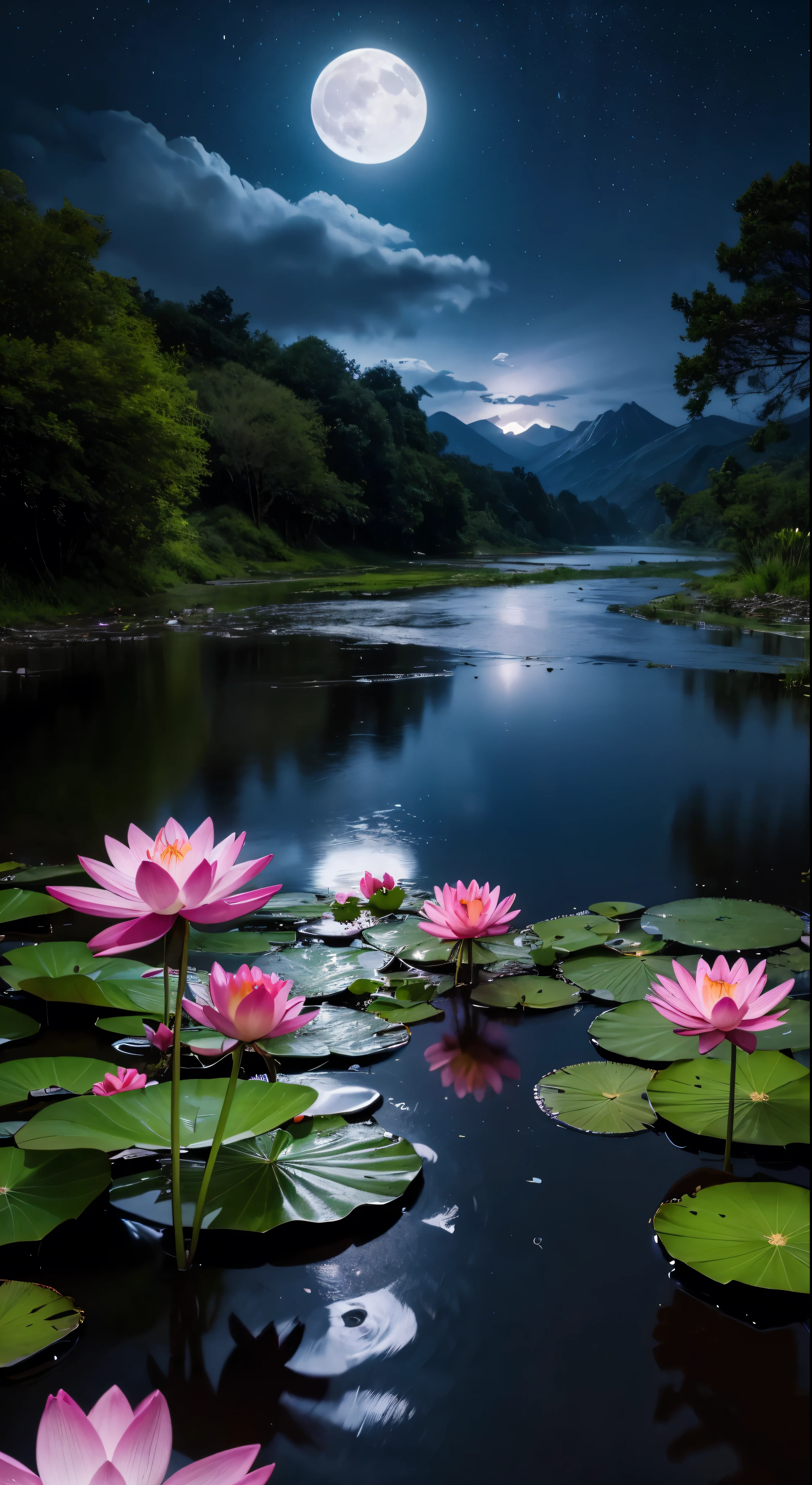 At night, only the moonlight illuminates, crooked moon, mountains in the distance, beautiful big lotus flowers nearby, big red lotus flowers, running water next to it, frogs, summer full of joy, crooked moon in the sky mixed with stars, amazing wallpaper, rainy night, night in the rain, beautiful and beautiful, movie, high detail ((heavy rain))), 8k