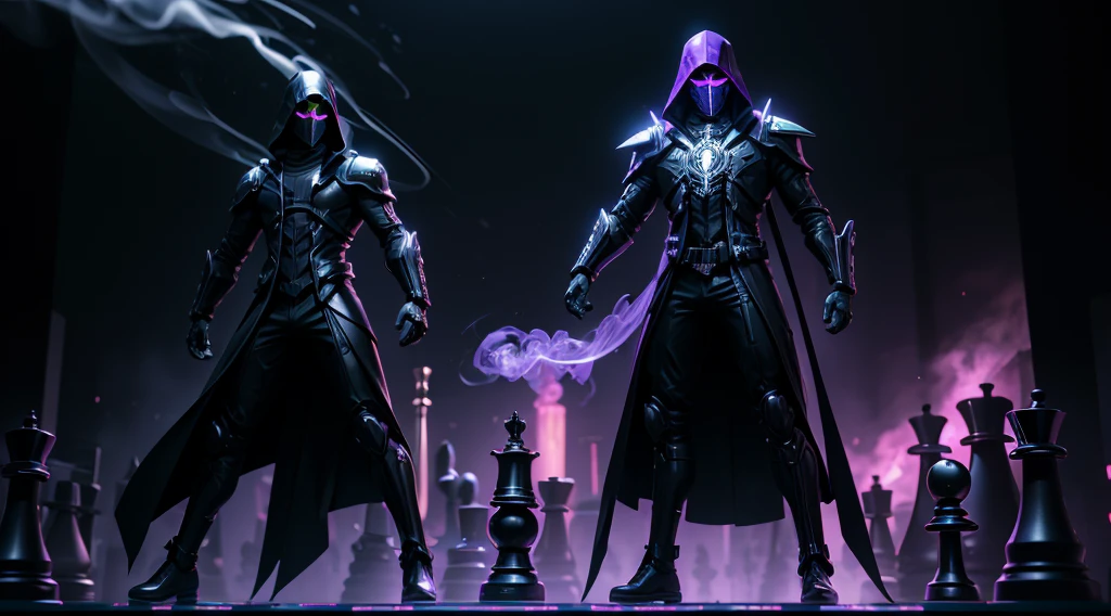 wide shot full body image, cyberpunk masked male ghost assassin in black clothes, dancing with a beautiful woman with no mask in purple and gold dress, standing on a chessboard, chess pieces of angels and demons laid spread among the chessboard. high detail, wide shot, 4K, 3D, REALISTIC, (iridescent glow smoke), UHD, 32K, very bold neon colors, black light, neon light