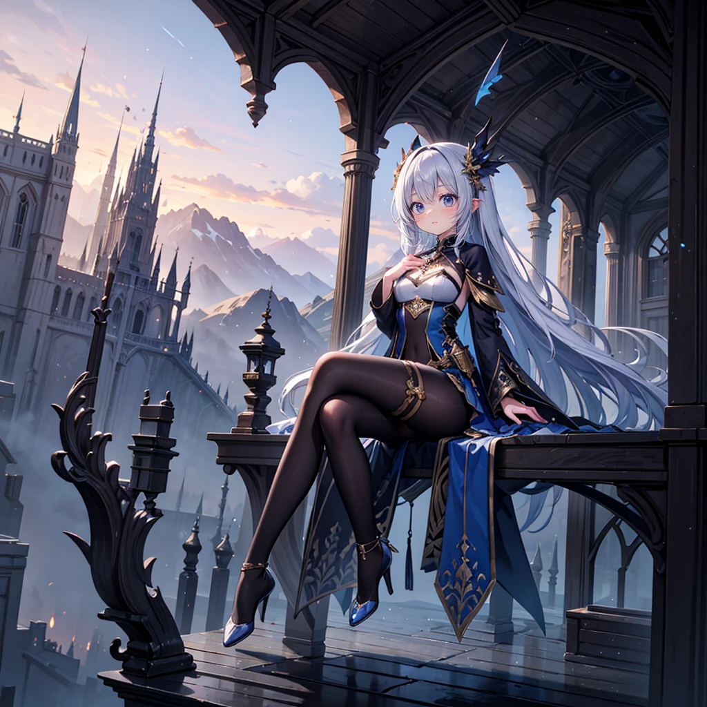 (Full body), solo, 1 beautiful girl wearing fantasy clothes, sitting pose, stunning beautyfull fantasy world background, panorama view