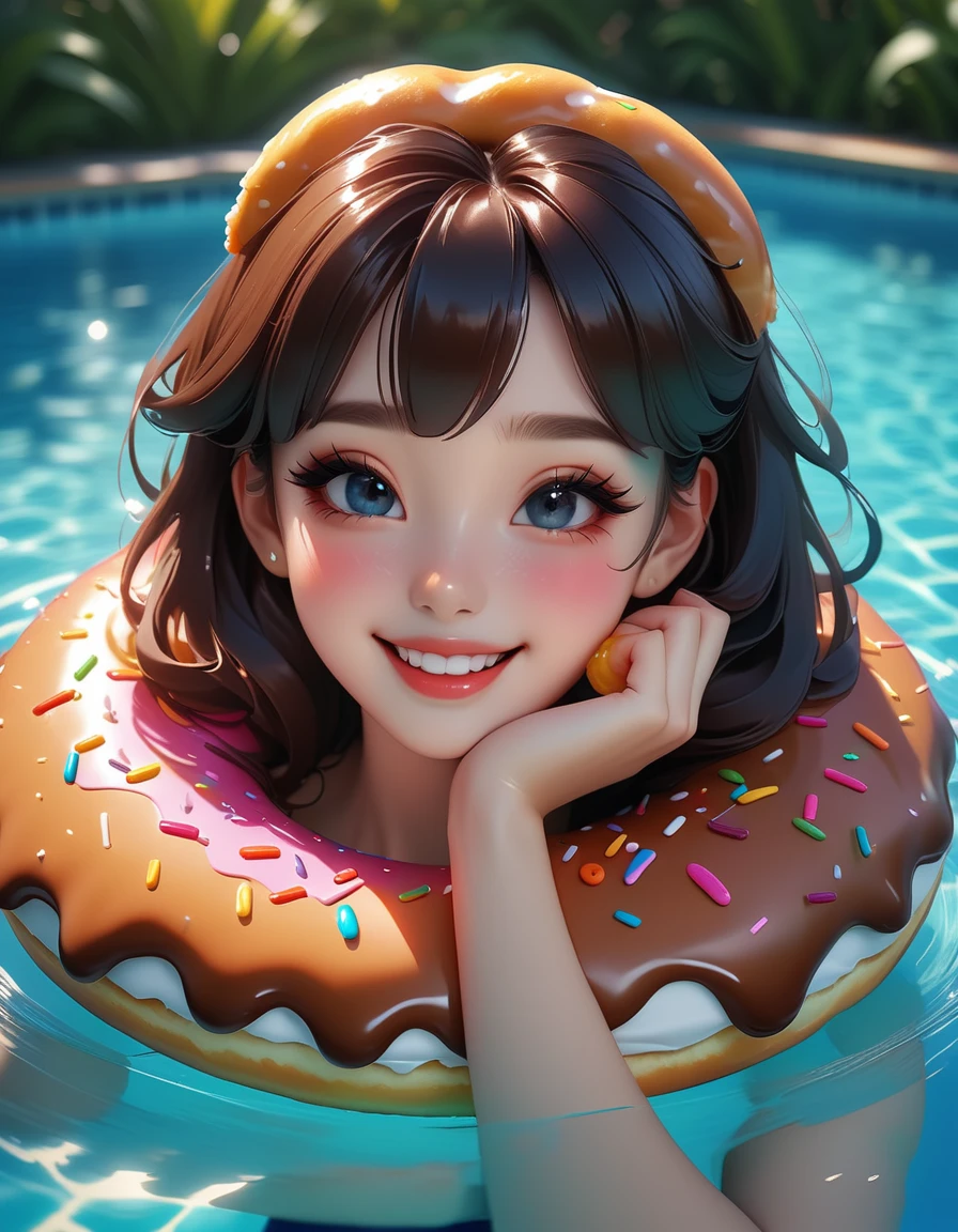 1 girl、smile、Floating in the pool with a donut swim ring、Donut bite mark、Detailed skin、Lips Lipgloss、Eating a donut、、Beautiful detailed eyes、Beautiful detailed lips、Highly detailed face、Long eyelashes、high quality、8k、Real、Photorealistic、Bright colors、Soft lighting、Cinematic、Portrait