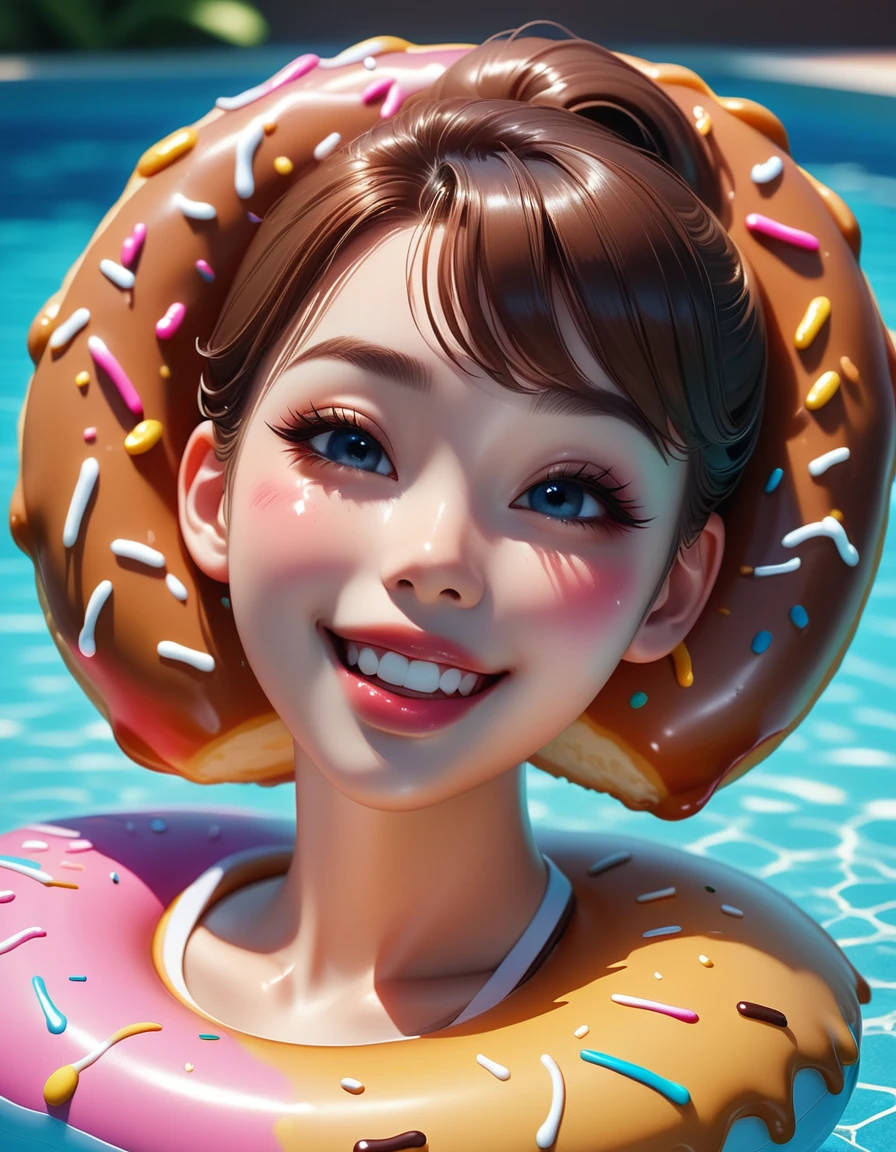 1 girl、smile、Floating in the pool with a donut swim ring、Donut bite mark、Detailed skin、Lips Lipgloss、Eating a donut、、Beautiful detailed eyes、Beautiful detailed lips、Highly detailed face、Long eyelashes、high quality、8k、Real、Photorealistic、Bright colors、Soft lighting、Cinematic、Portrait
