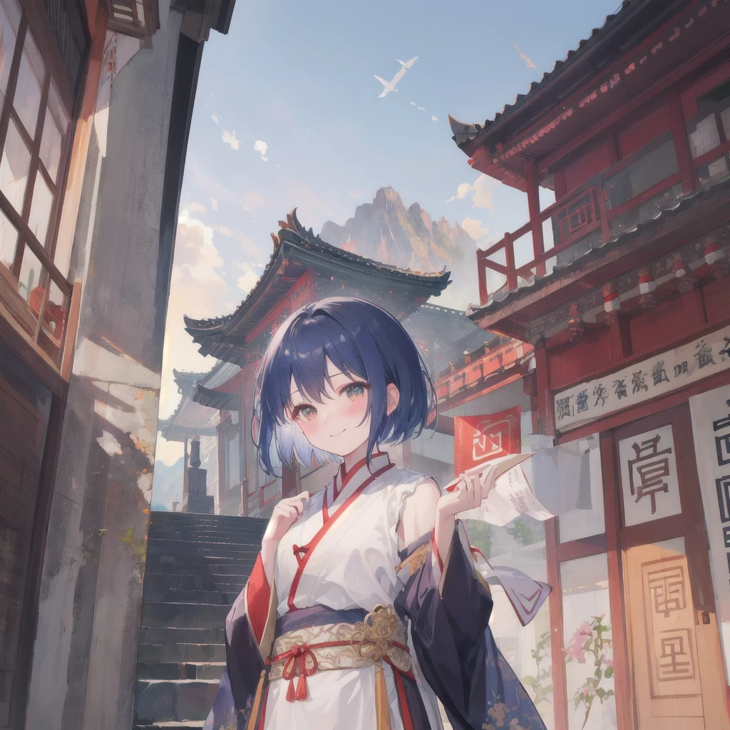 Ke Qingde, Upper Body, Smile, blush, outdoor, sky, Simple background, blue sky空, short hair, sky空, temple, Looking at the audience, stairs, Mountain, Mood lighting, For the audience,