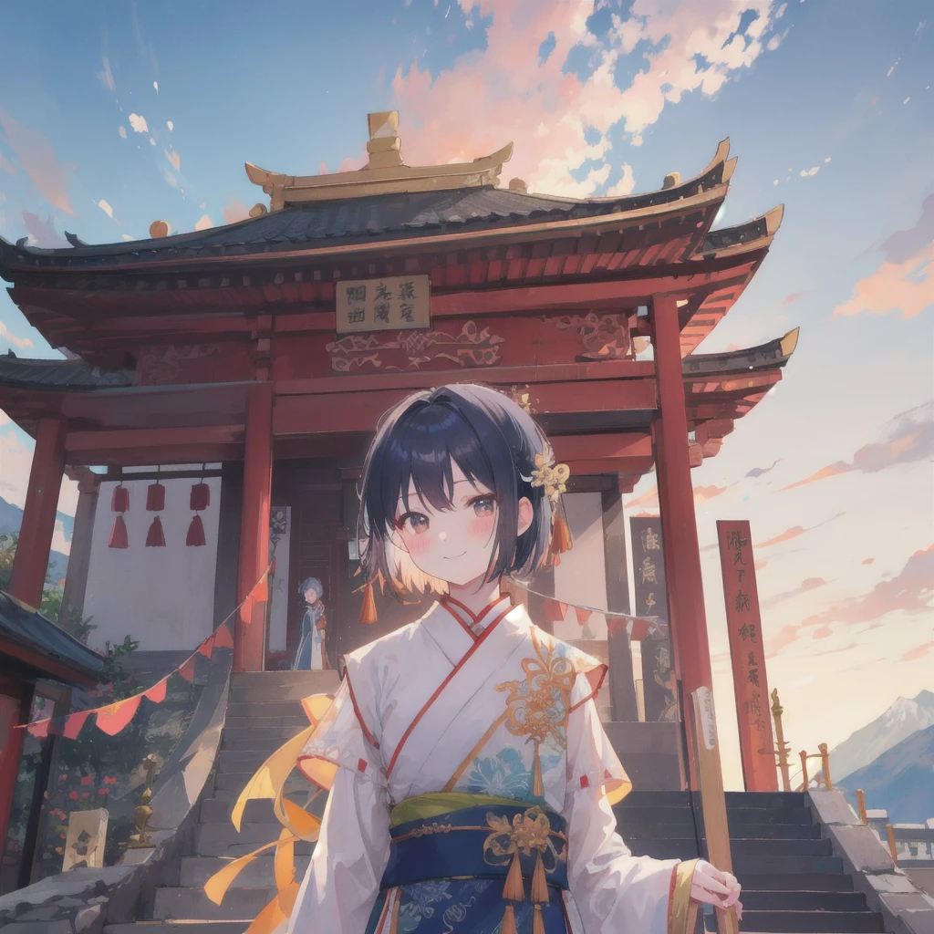 Ke Qingde, Upper Body, Smile, blush, outdoor, sky, Simple background, blue sky空, short hair, sky空, temple, Looking at the audience, stairs, Mountain, Mood lighting, For the audience,
